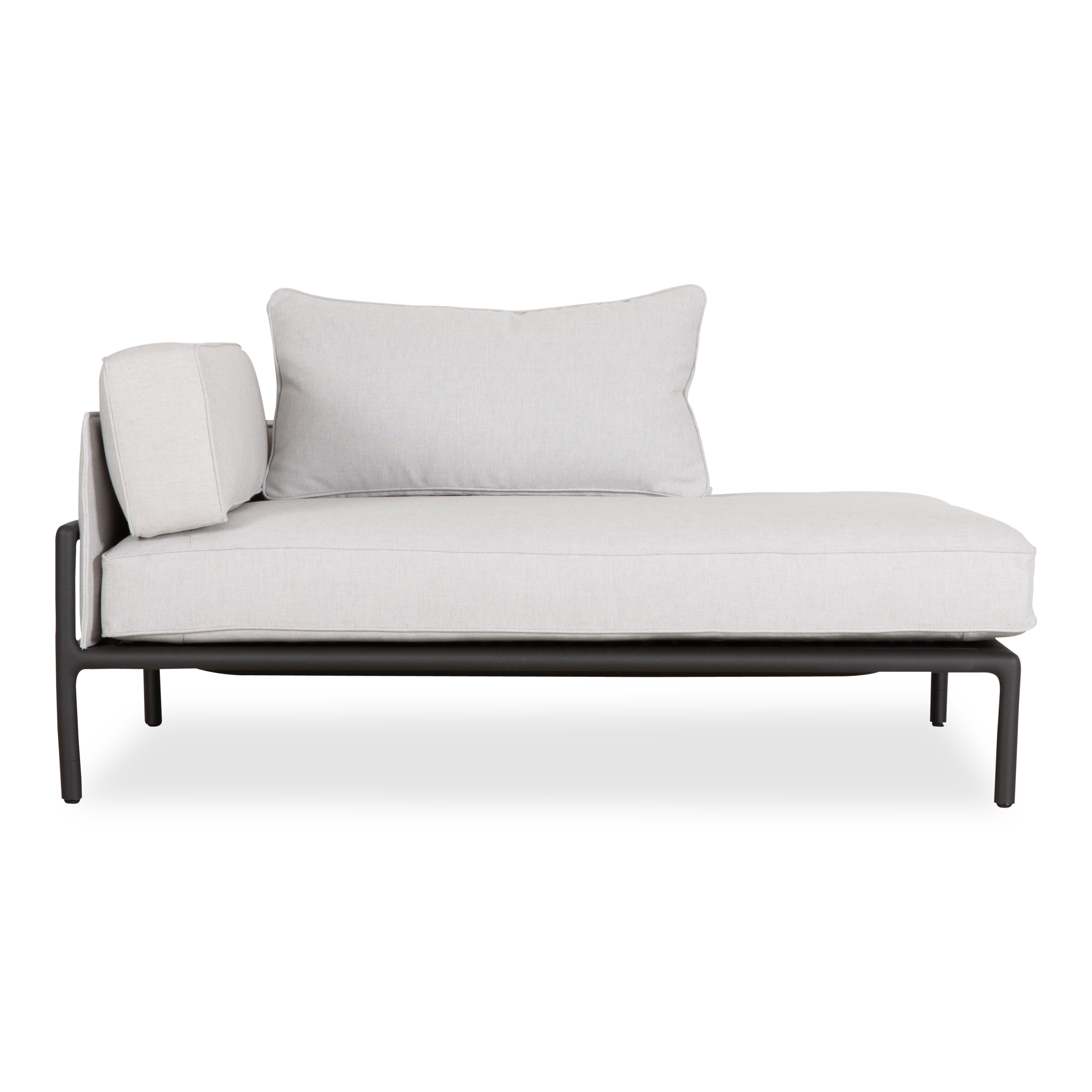 The Moto Modular Sectional features a distinctive low profile metal frame paired with a luxurious cushion system.