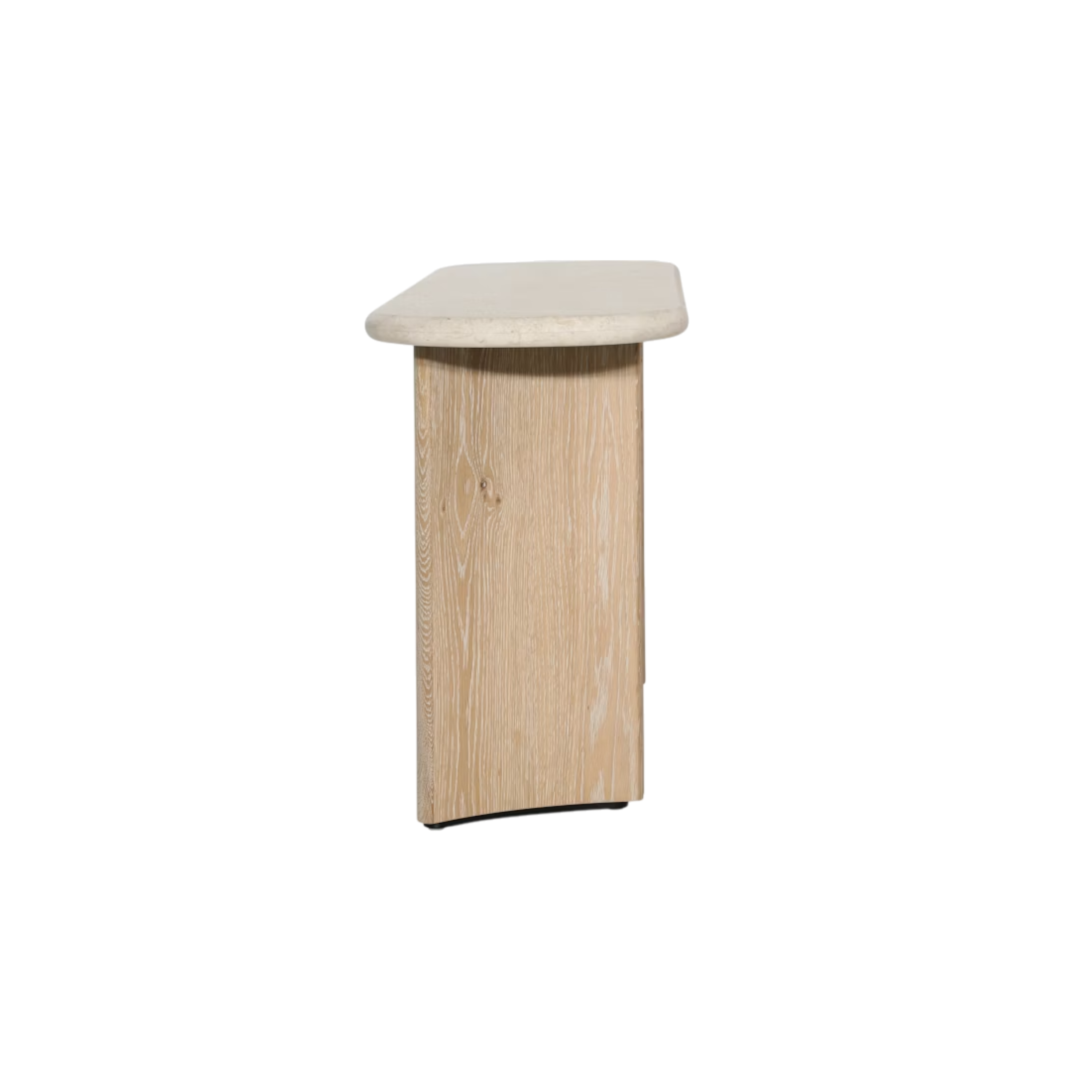 Side view of the Aldridge Console Table, showing the rounded stone top and single light-oak support with visible natural grain.