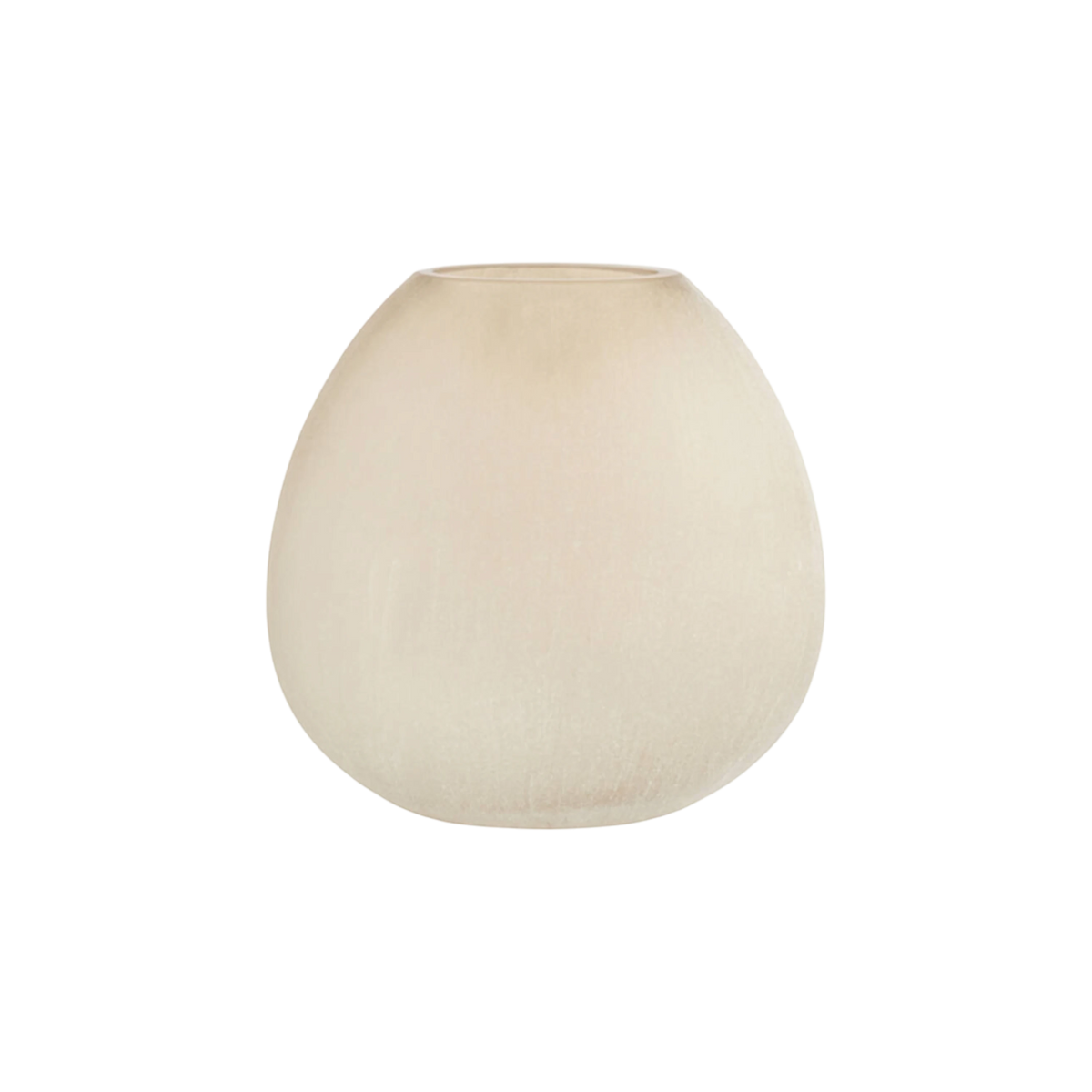 Globe Glass Vase in warm greige frosted glass, shown from the front, with a rounded teardrop silhouette, an oval opening, and fine vertical etching that warms to a faint blush near the base.