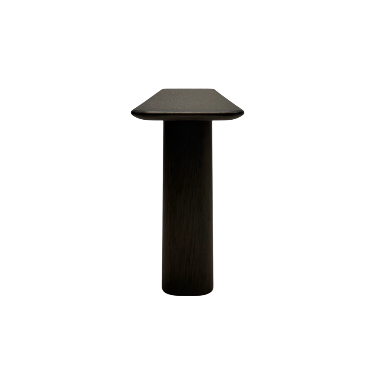 A modern pedestal table with a dark, square top and a single cylindrical base, shown against a plain white background.