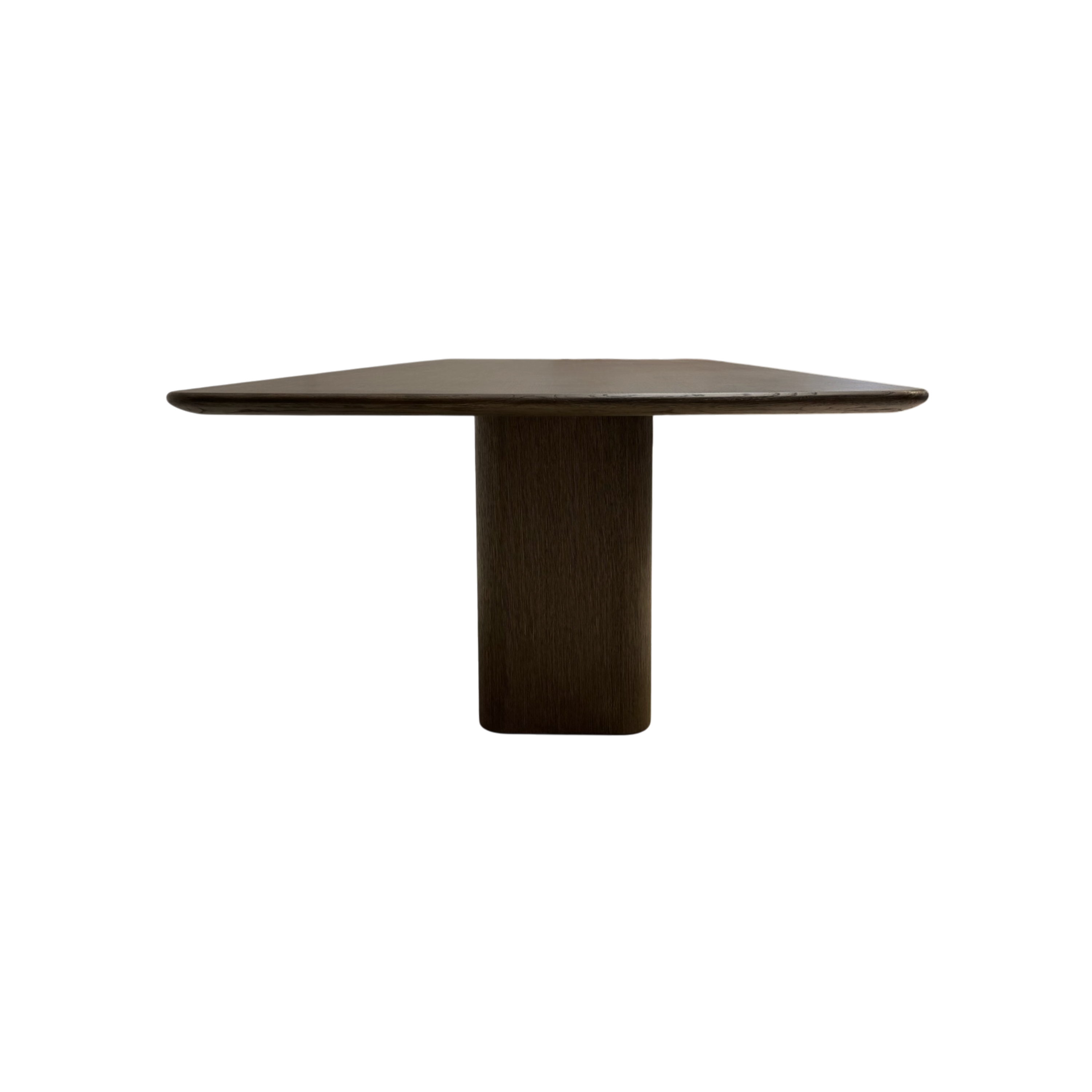 Side view of the Altar 120-inch Dining Table highlighting the cantilevered tabletop, rounded profile and solid central wood pedestal.