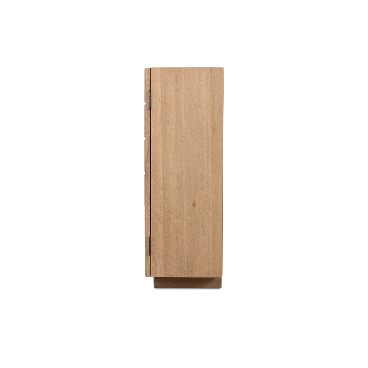Rosedale Cabinet shown from the side in light tan oak, with a plain smooth side panel, a visible hinge, and the stepped plinth beneath.