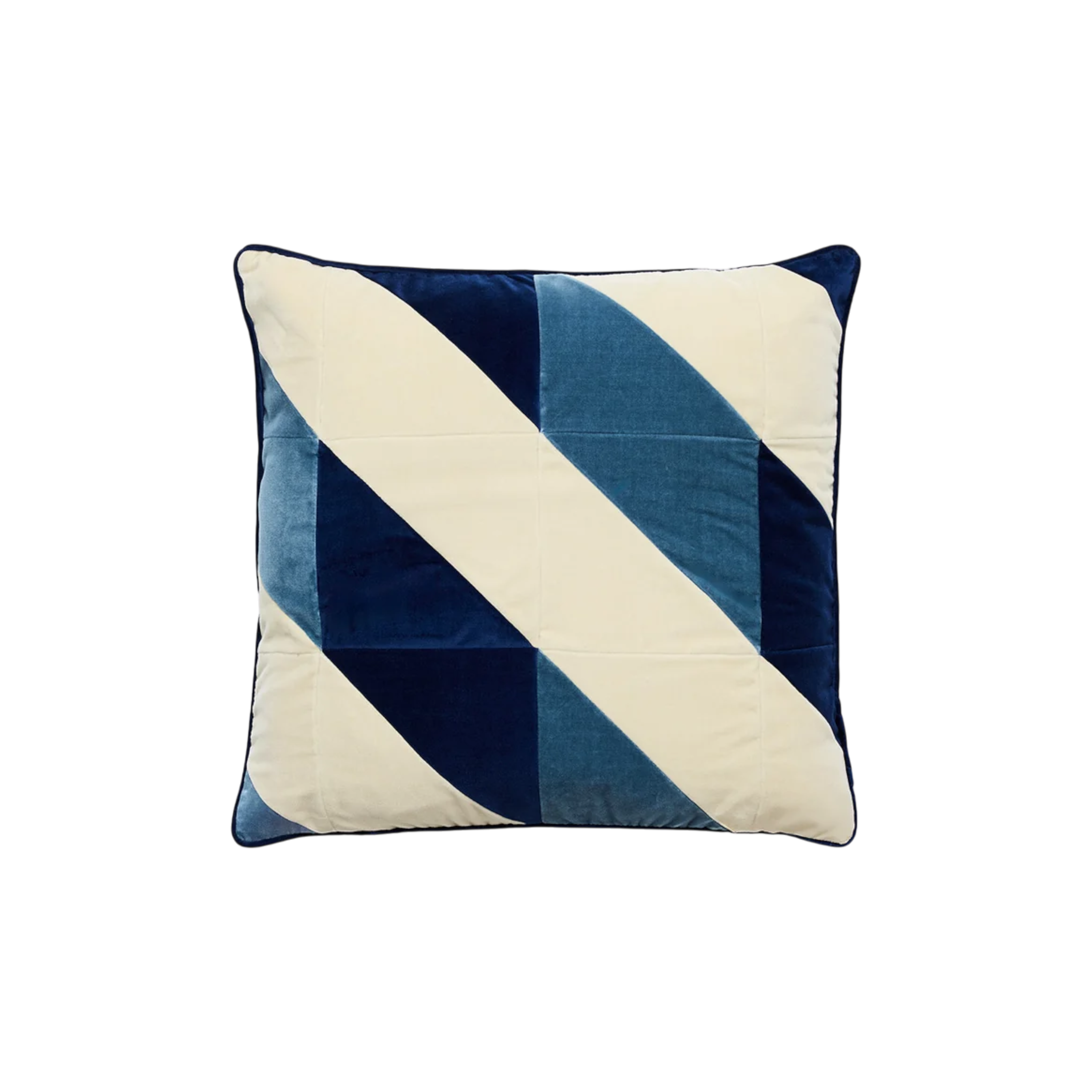 Kiki Pillow 20x20 in blue, featuring sweeping geometric curves in ivory, deep navy and soft blue with a subtly lustrous finish.