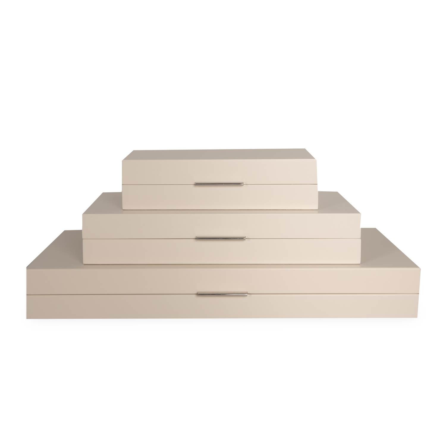 This modern organizer features a luxurious ivory lacquer finish and polished nickel handle for a sophisticated look.
