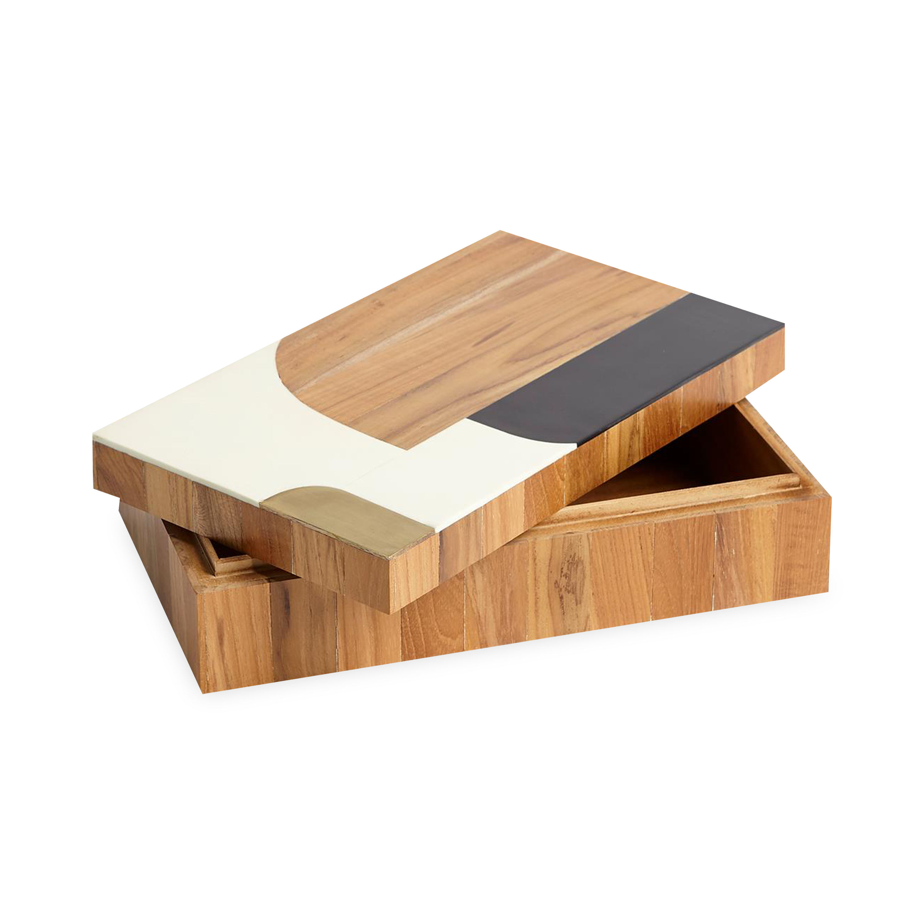 Teak wood, resin and brass join forces to create these abstract boxes.