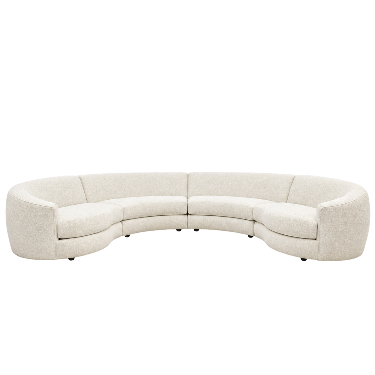Grace Modular Sectional shown from the front in Cream textured weave, with four curved sections, rounded end arms and low dark feet.