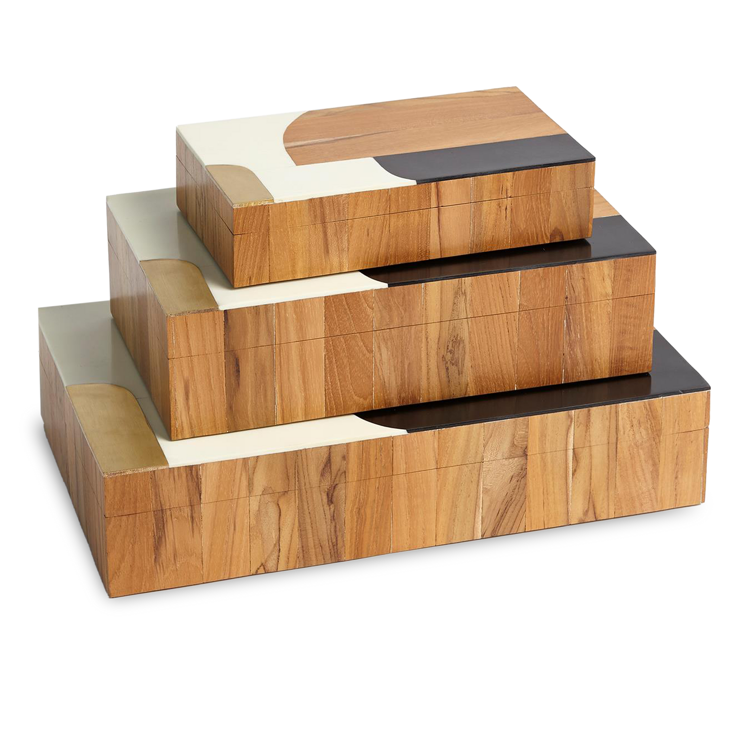 Teak wood%2C resin and brass join forces to create these abstract boxes.