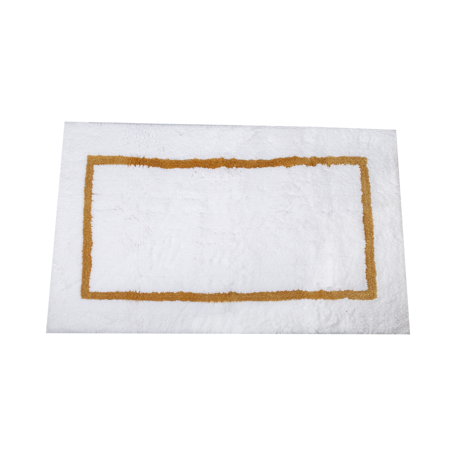 A luxurious white and metallic bath rug.