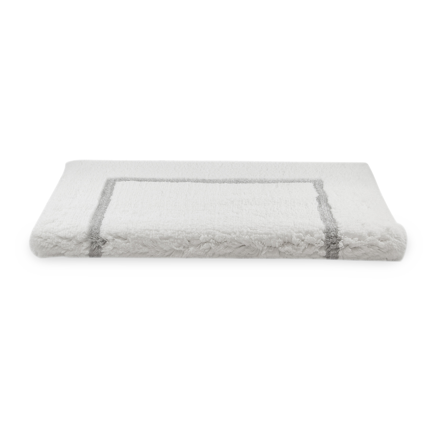 A luxurious white and metallic bath rug.