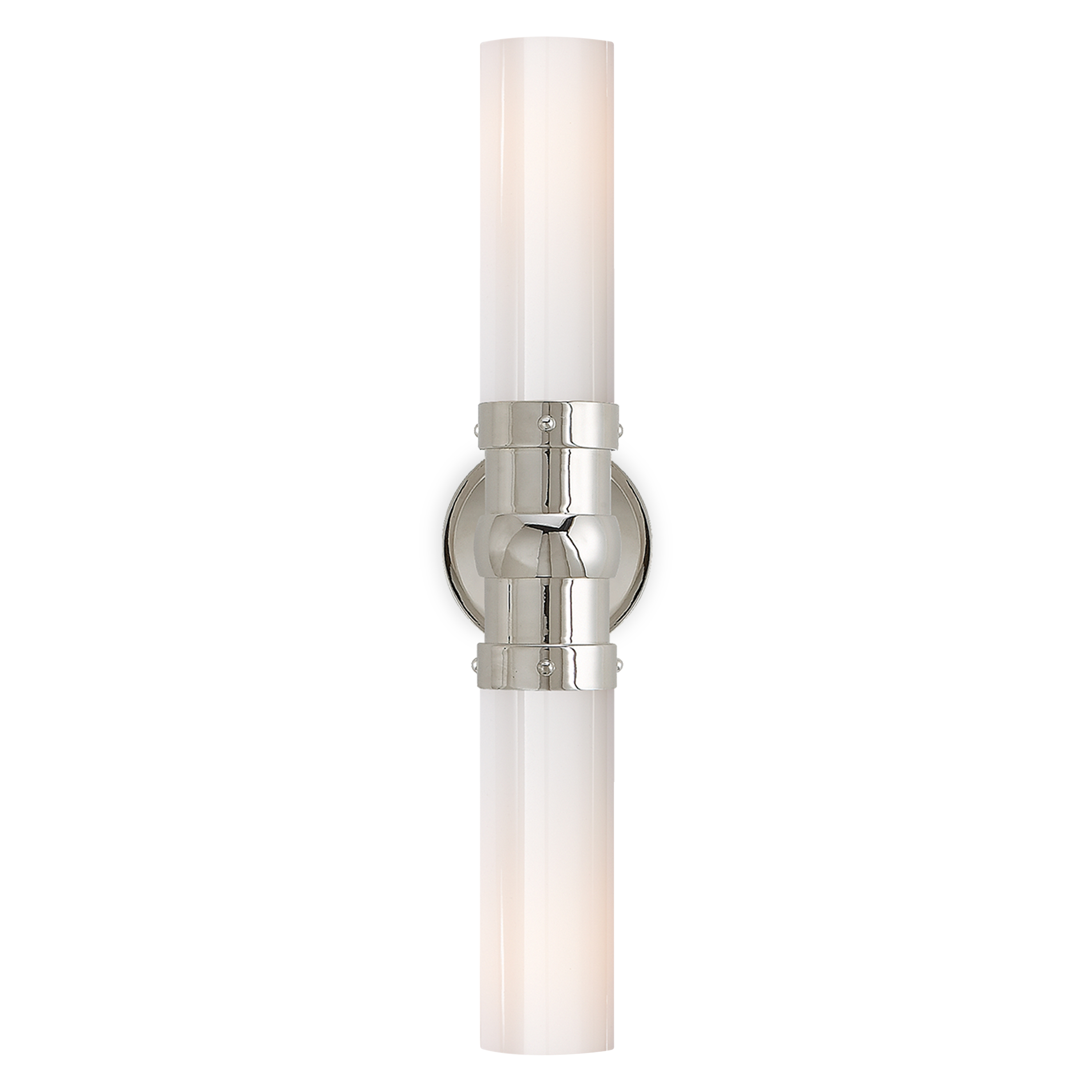 The Graydon Double Sconce in Polished Nickel with White Glass was designed Thomas O'Brien.