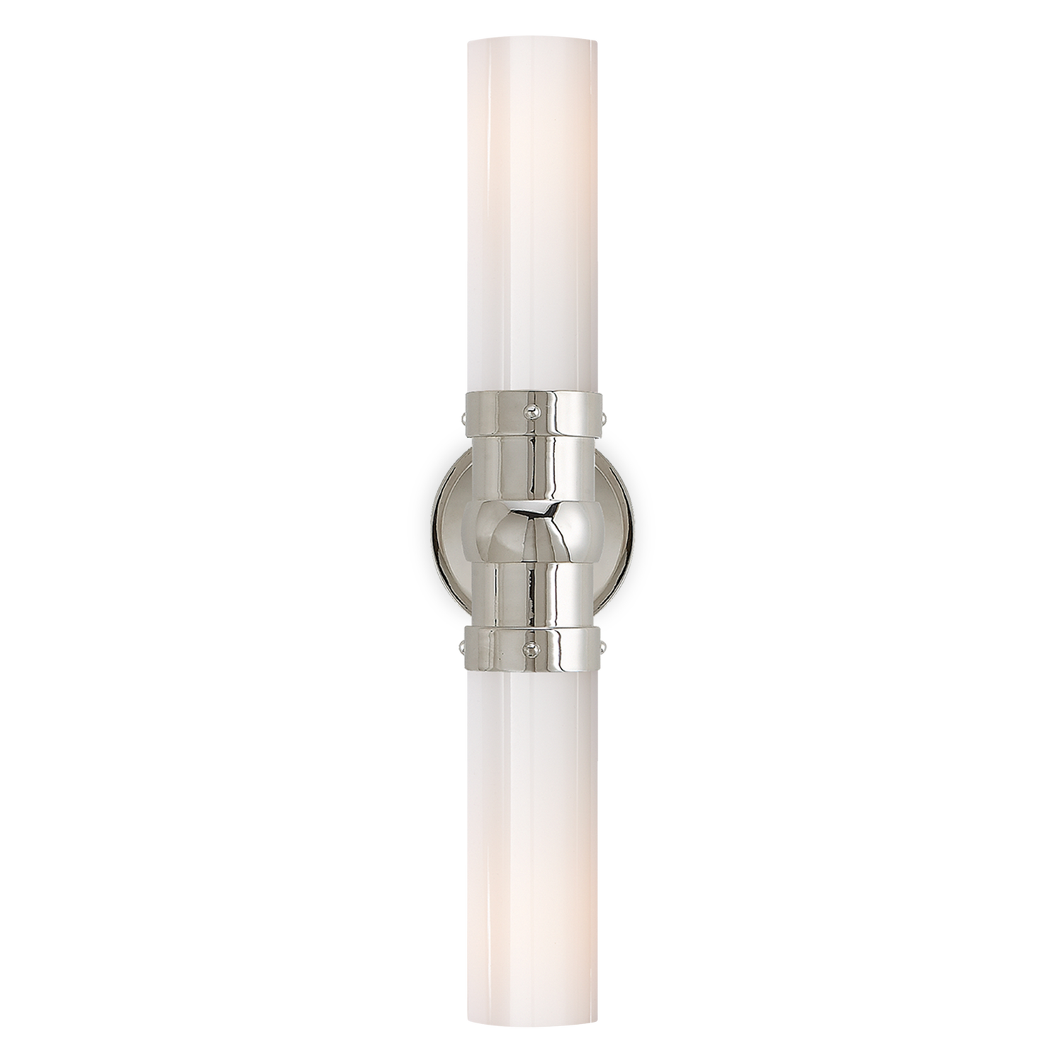 The Graydon Double Sconce in Polished Nickel with White Glass was designed Thomas O%27Brien.