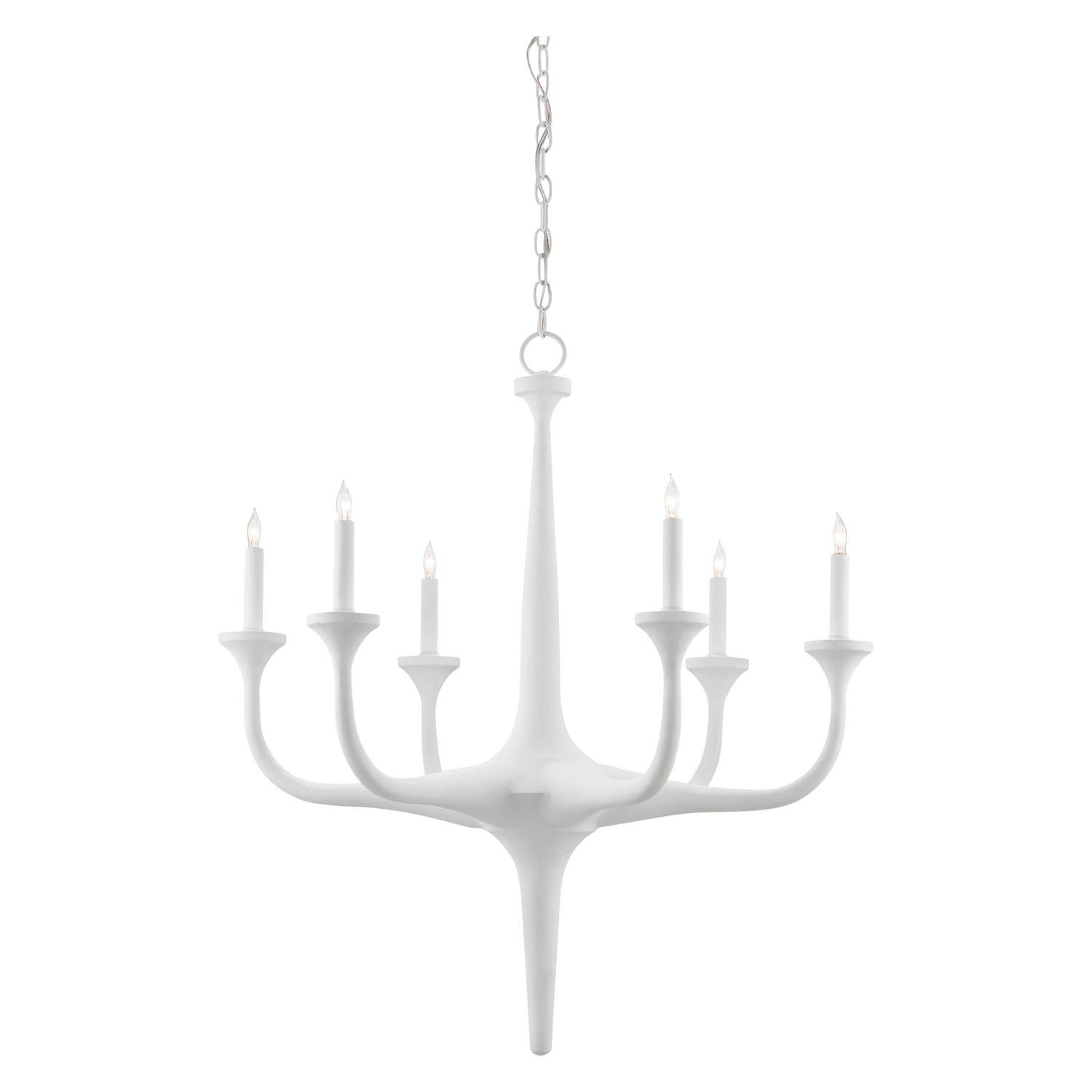 The Orla chandelier is crafted from wrought iron and finished in a smooth white gesso that gives the effect of being sculpted from stone.