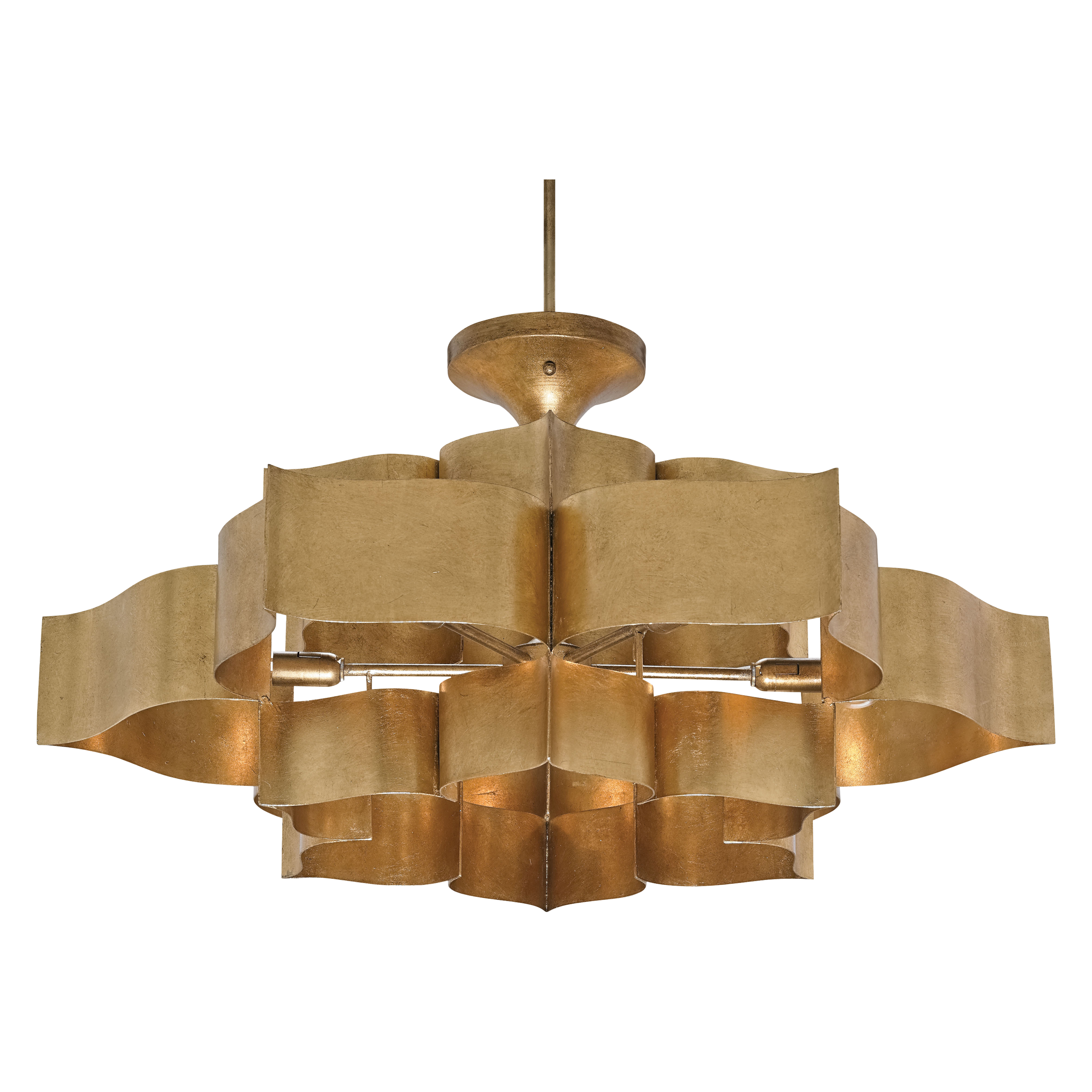 Stunning workmanship is highlighted in the form of the Lotus Blossom Chandelier, which is made from wrought iron and sheet metal and then skillfully finished in antique gold leaf.