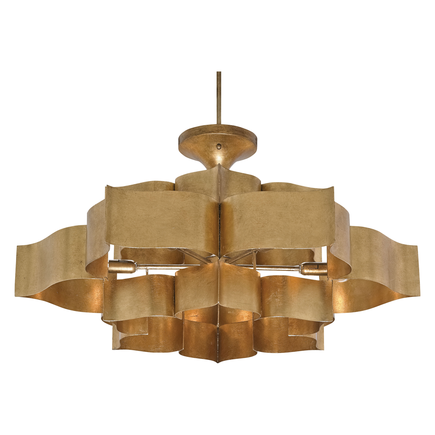 Stunning workmanship is highlighted in the form of the Lotus Blossom Chandelier%2C which is made from wrought iron and sheet metal and then skillfully finished in antique gold leaf.