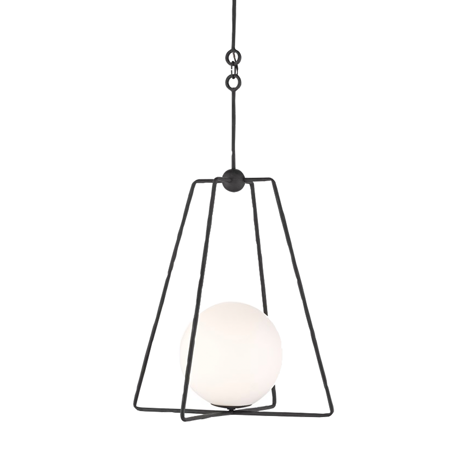 The wrought iron frame of this Globe Pendant%2C in an antique bronze finish%2C reads as if its arms are akimbo to cradle the white glass globe like a heavenly crane coddling the moon.