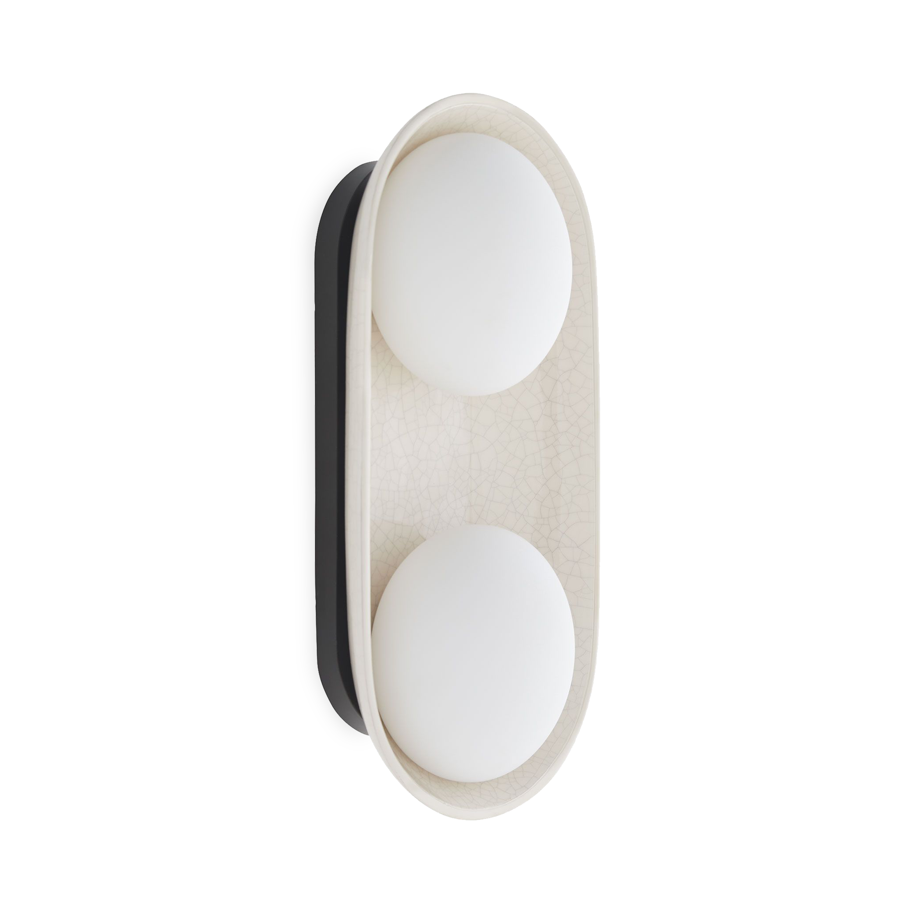 A stunning ivory stained crackle glaze brings warmth and depth to this uniquely modern, minimalist design.
