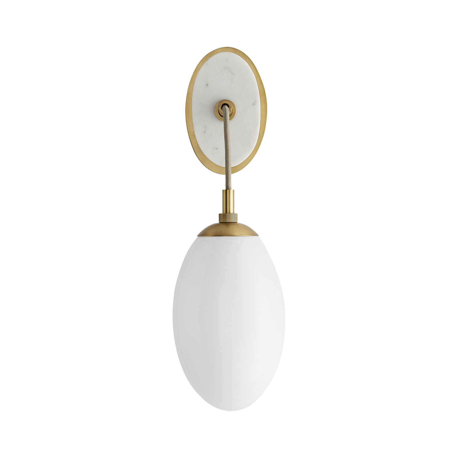 An oval%2C solid white marble stone%2C backed with steel finished in antique brass%2C showcases a large teardrop-shaped opal glass shade that is suspended by a taupe cloth cord%2C establis