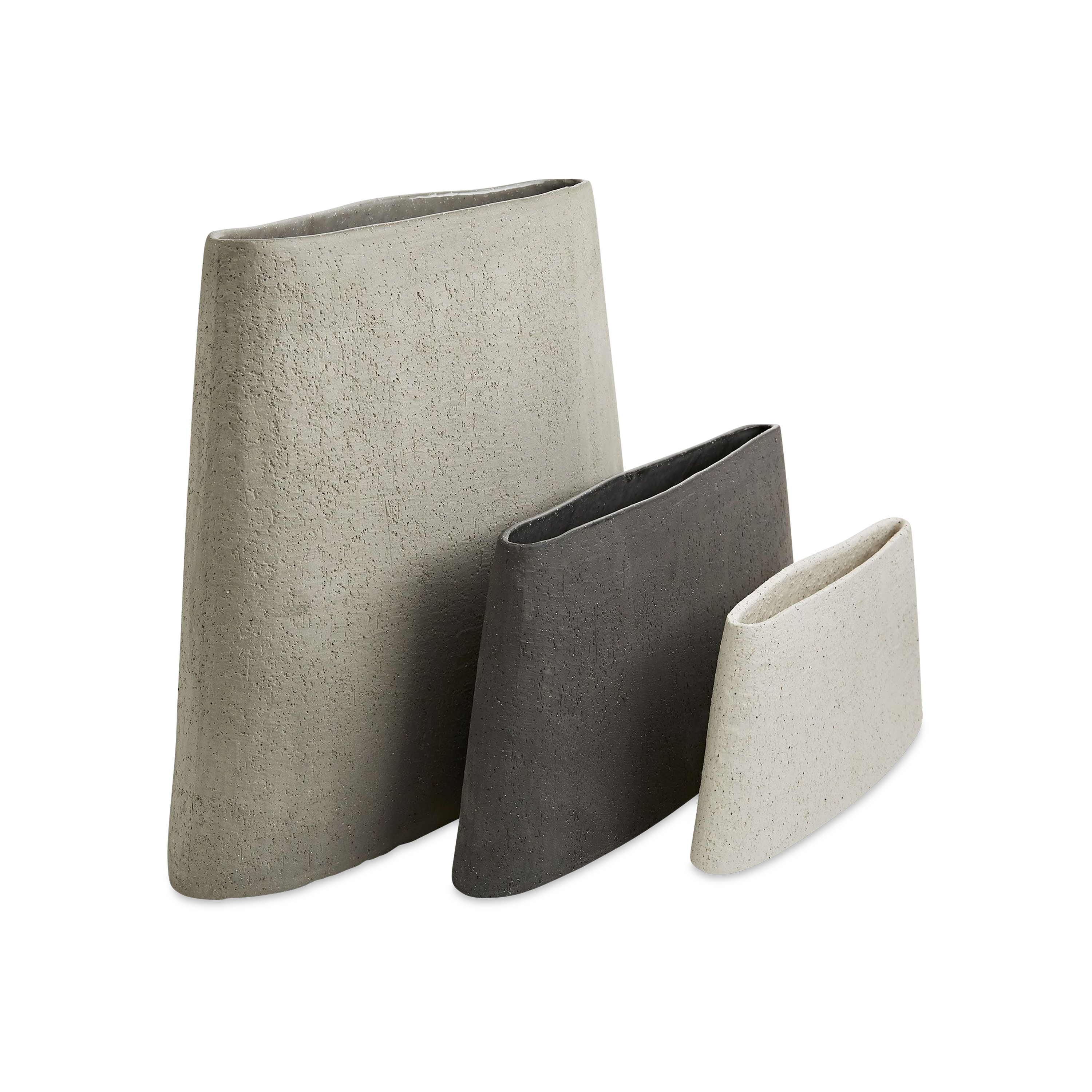 This set of three ceramic vases is an artistic expression of natural materials.