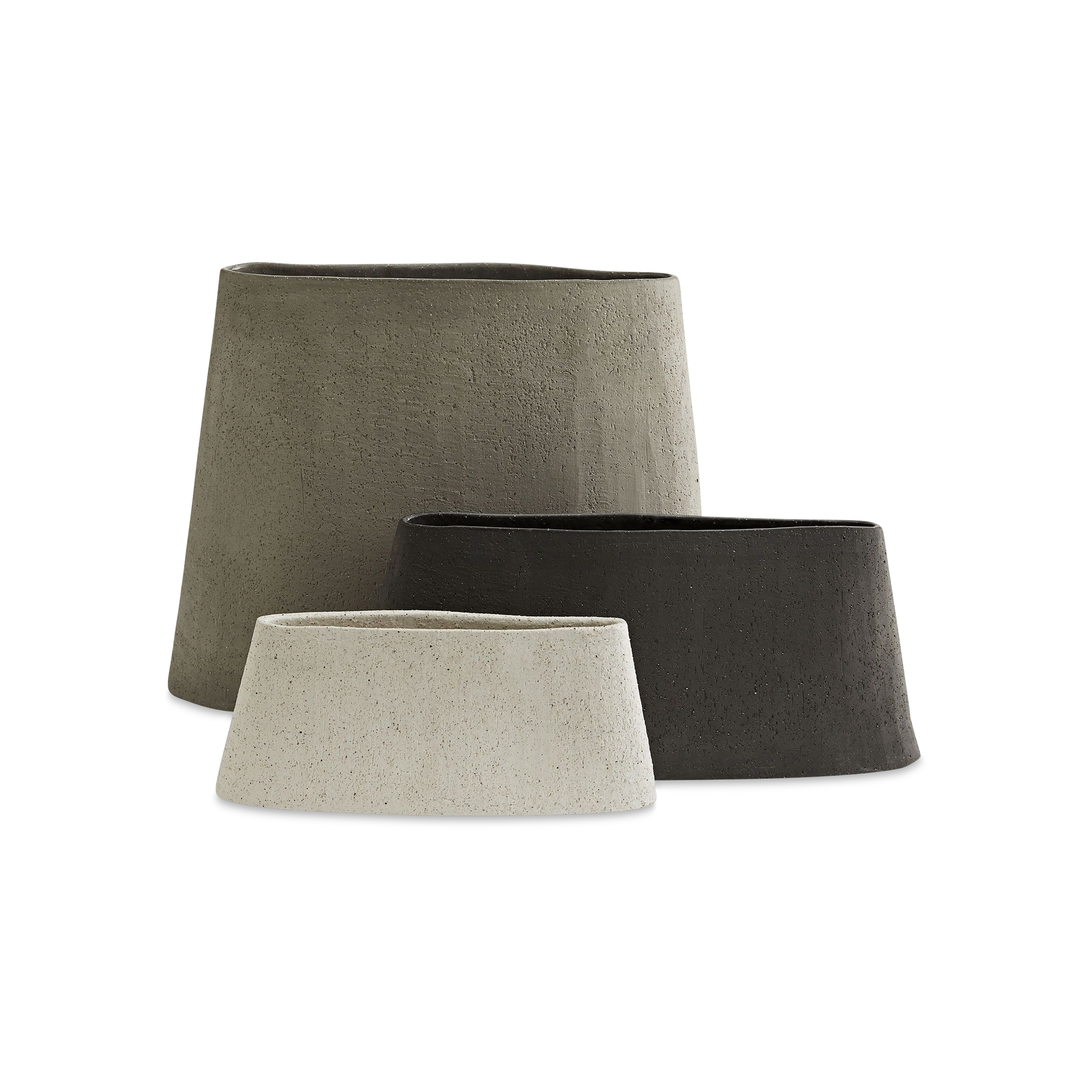 This set of three ceramic vases is an artistic expression of natural materials.