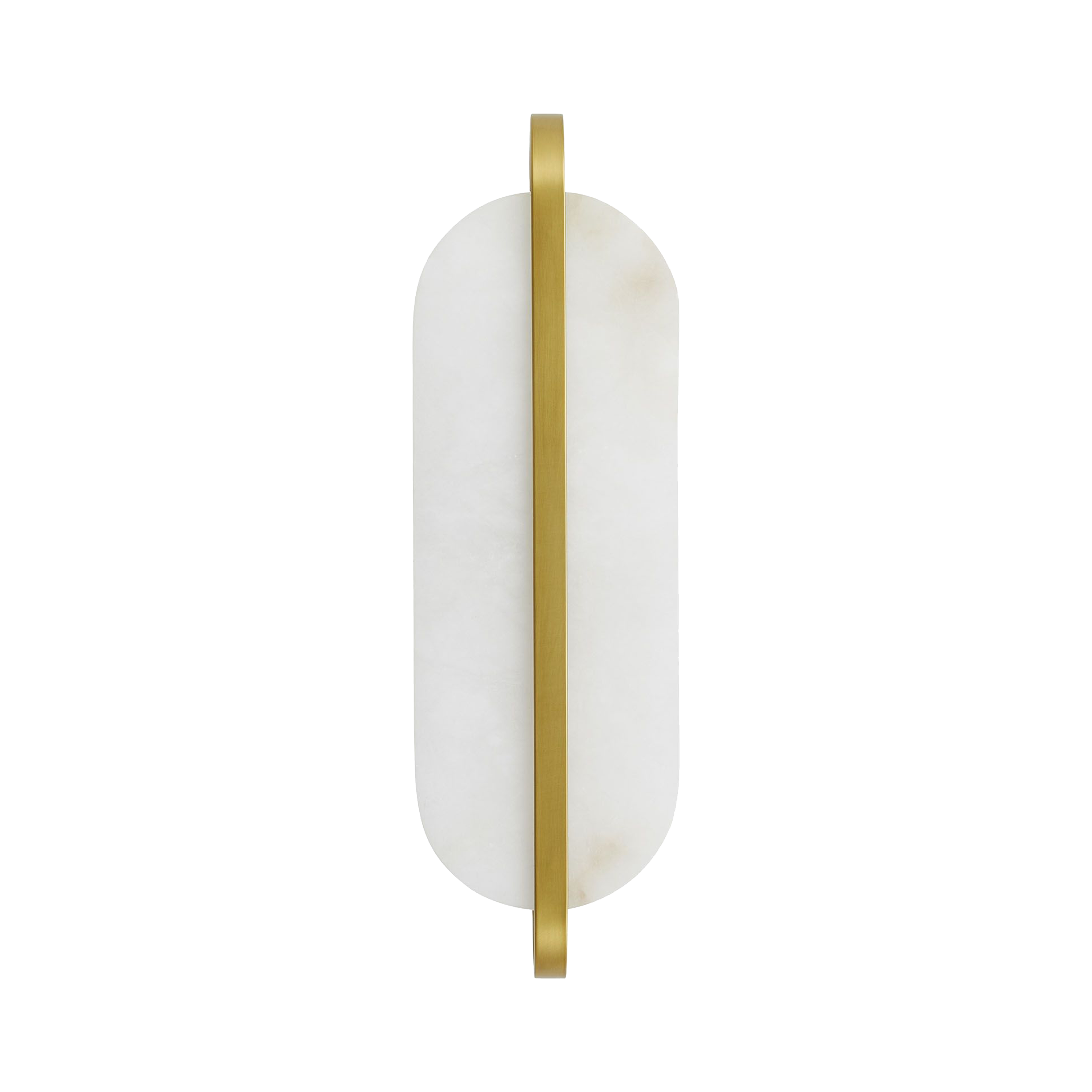 The Julius is a classically-modern design showcasing a capsule-shaped white alabaster foundation, met with an antique brass steel bracket perfectly centered.