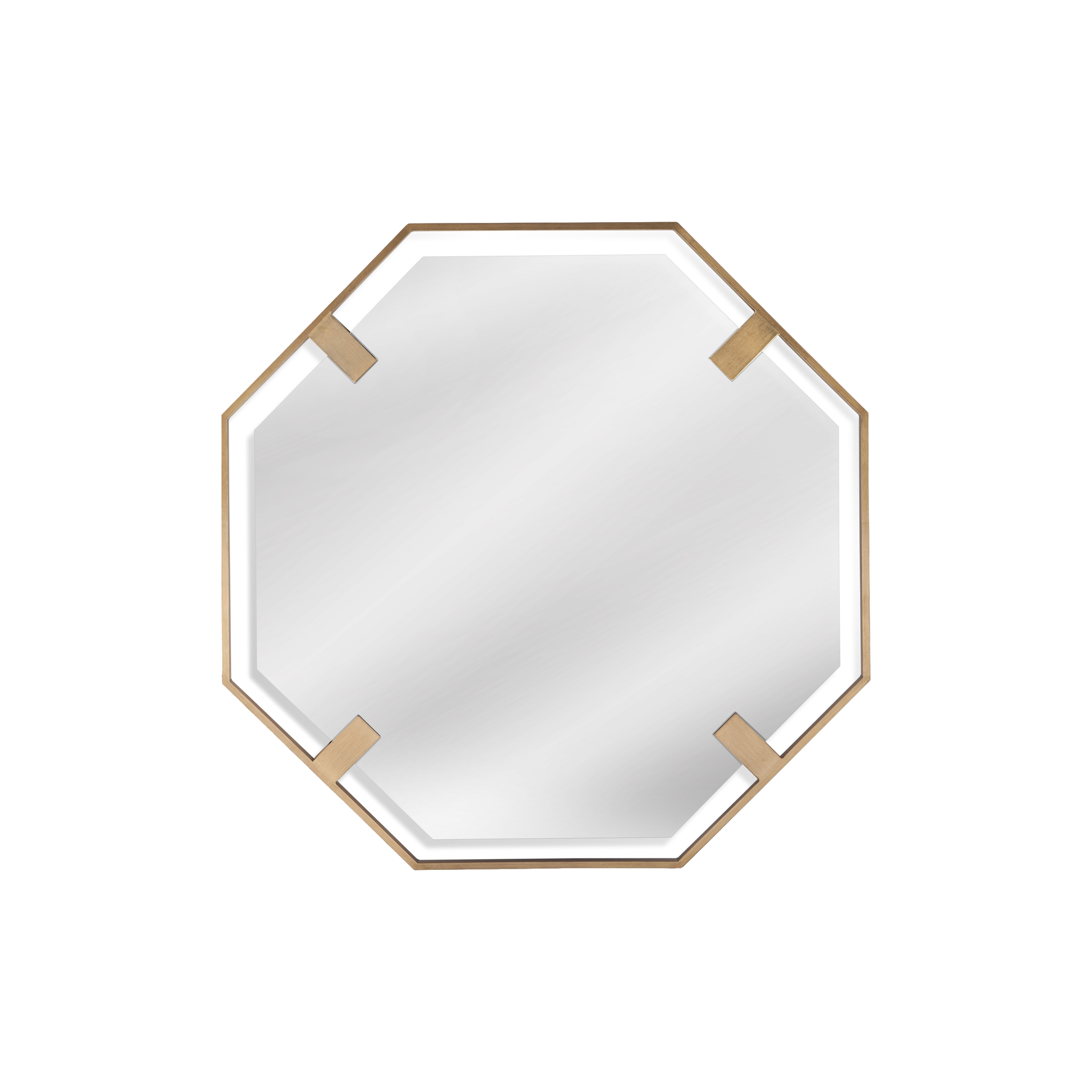 The Nelson Wall Mirror features an architectural metal frame finished in antique gold that "suspends" the mirror glass with four attachment points creating this dramatic effect.
