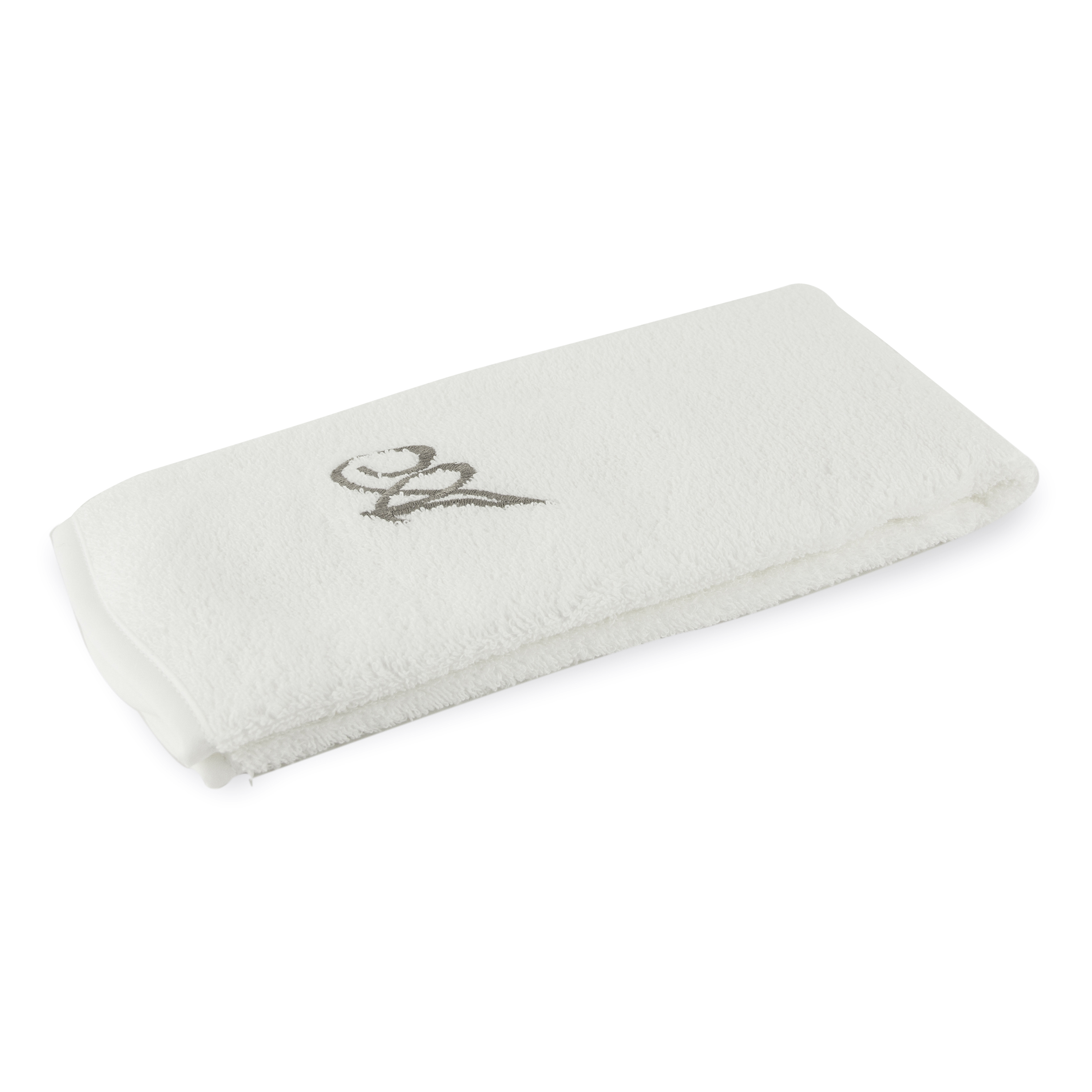 Monogrammed guest towel made of 100% white cotton with pewter/grey embroidered monogram.