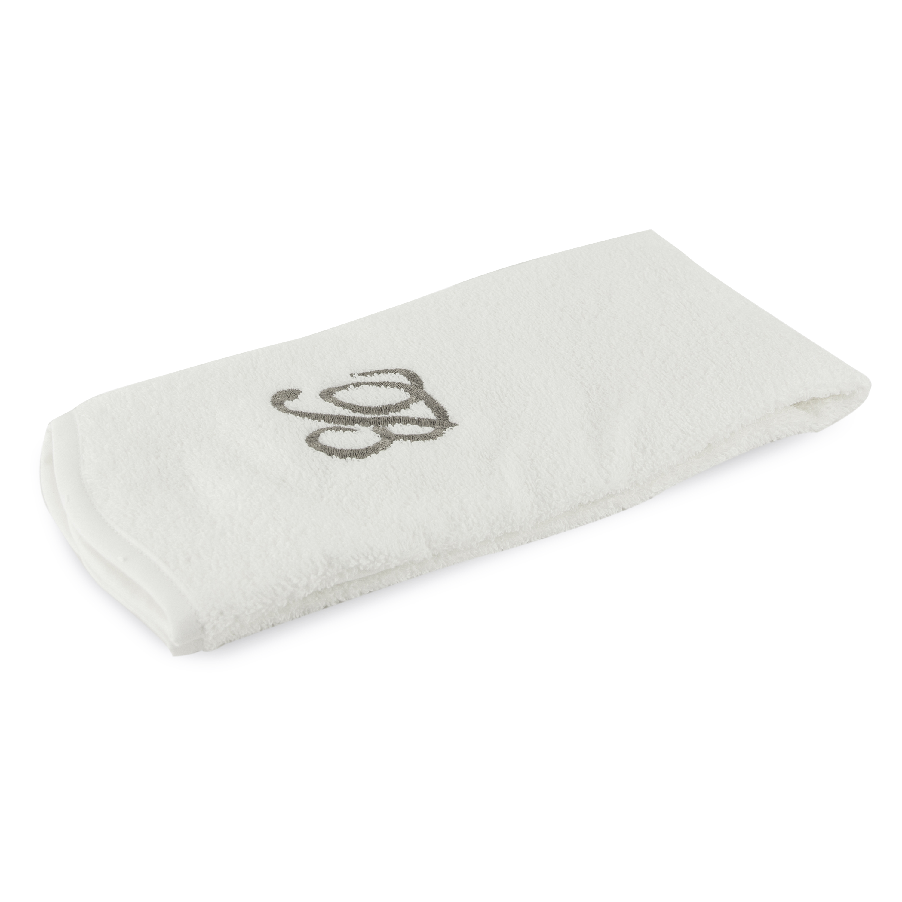 Monogrammed guest towel made of 100% white cotton with pewter/grey embroidered monogram.