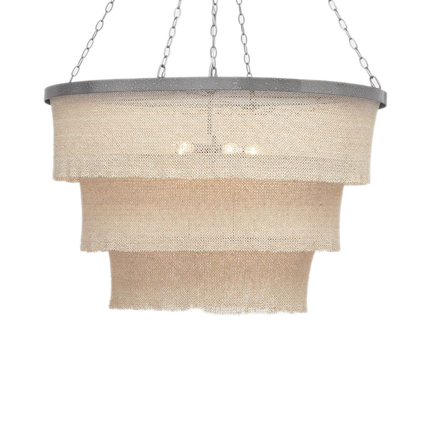 The Tiered Coco Bead Chandelier features clingy panels.