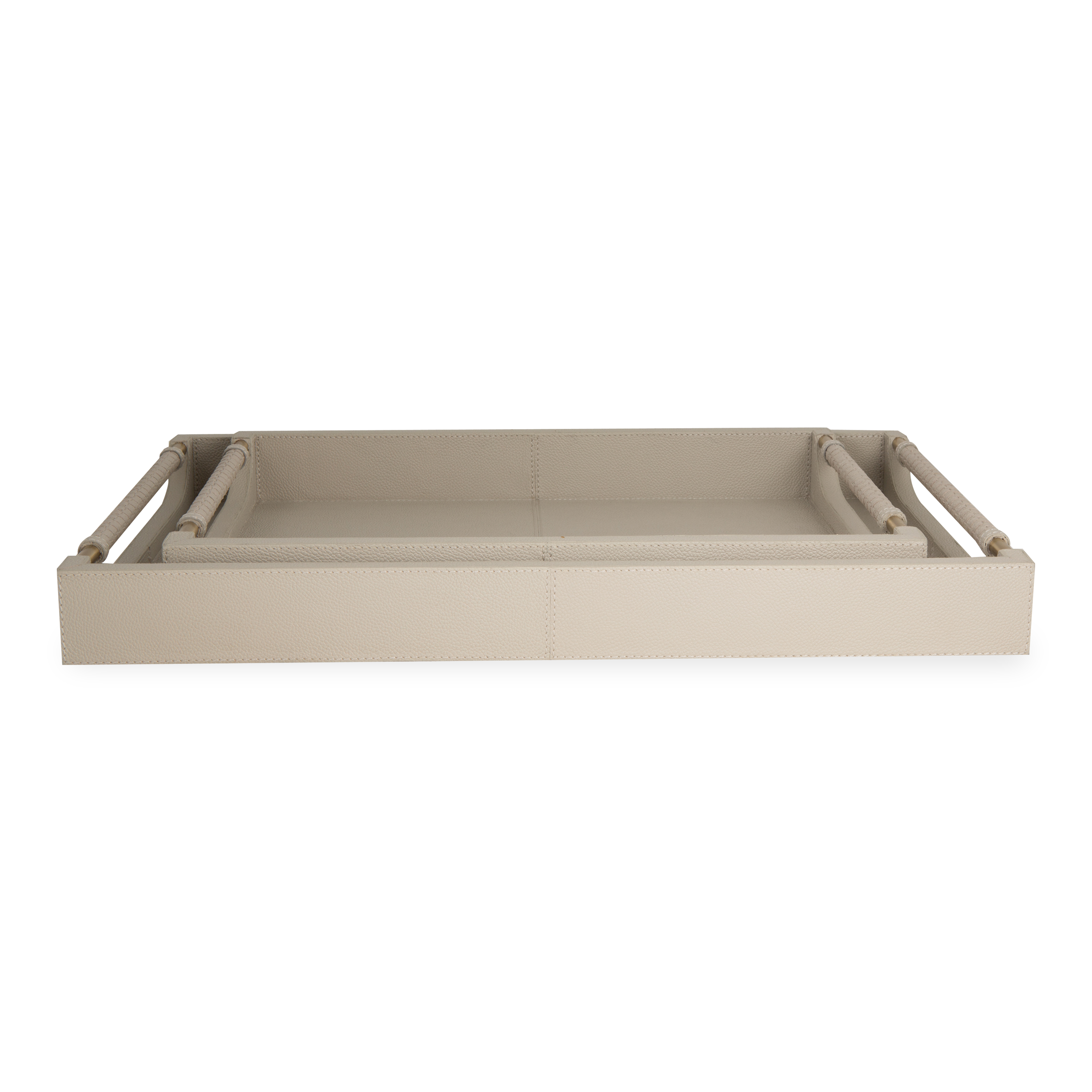 The Lenora Leather Trays feature light grey full-grain leather with brass hardware and woven handles.