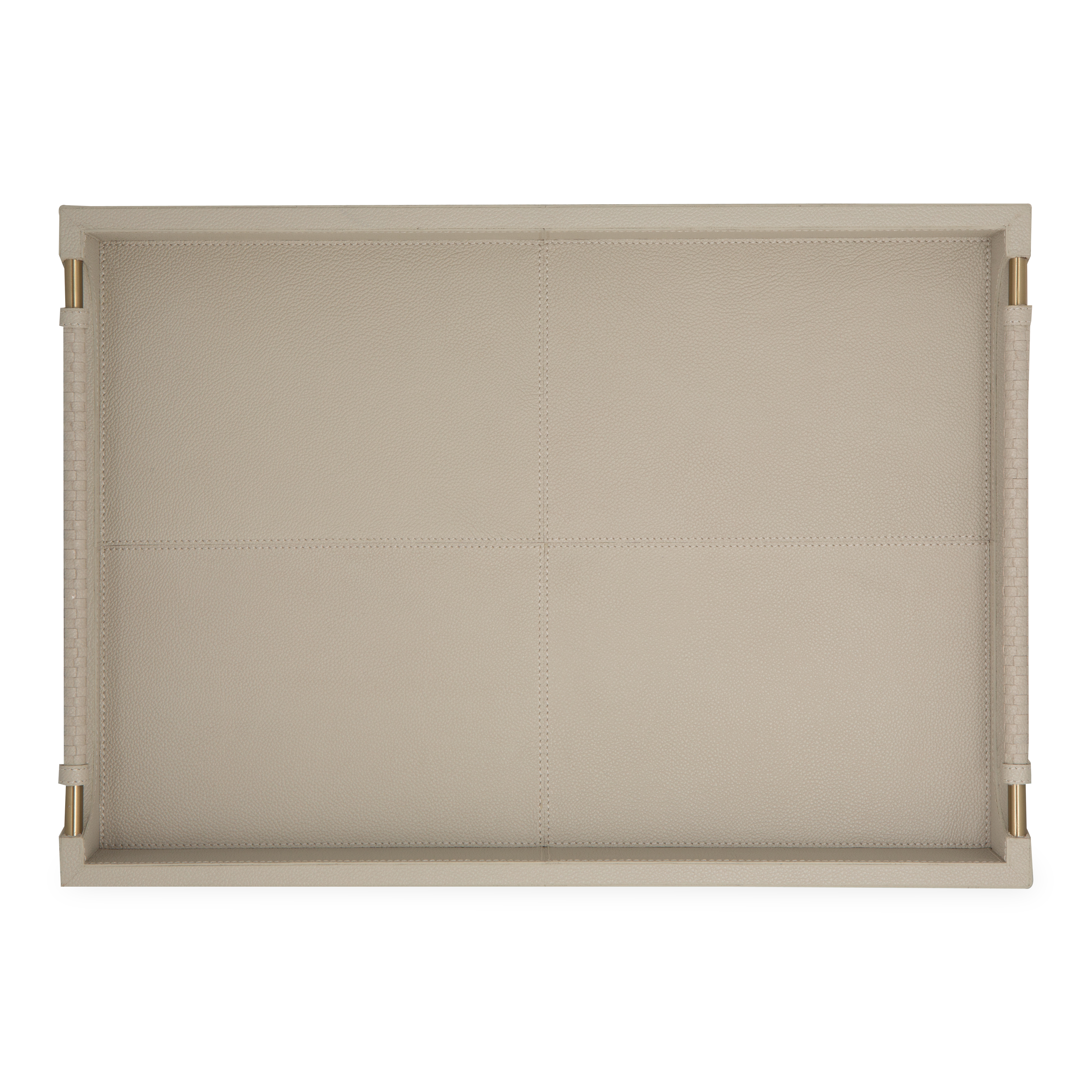 The Lenora Leather Trays feature light grey full-grain leather with brass hardware and woven handles.