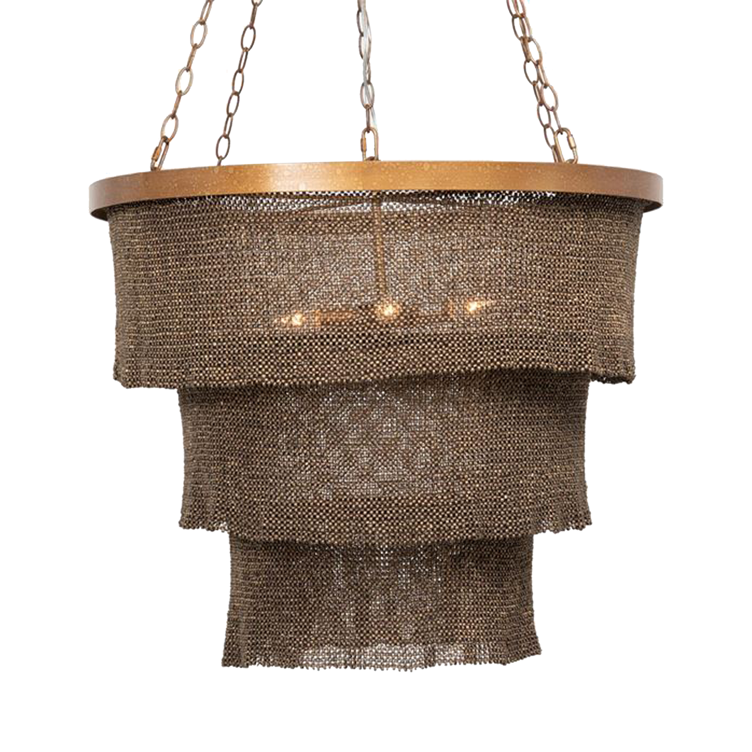 The Tiered Coco Bead Chandelier is made of woven coco beads forming three concentric rings that drop and overlap one another with a ruffle edge.