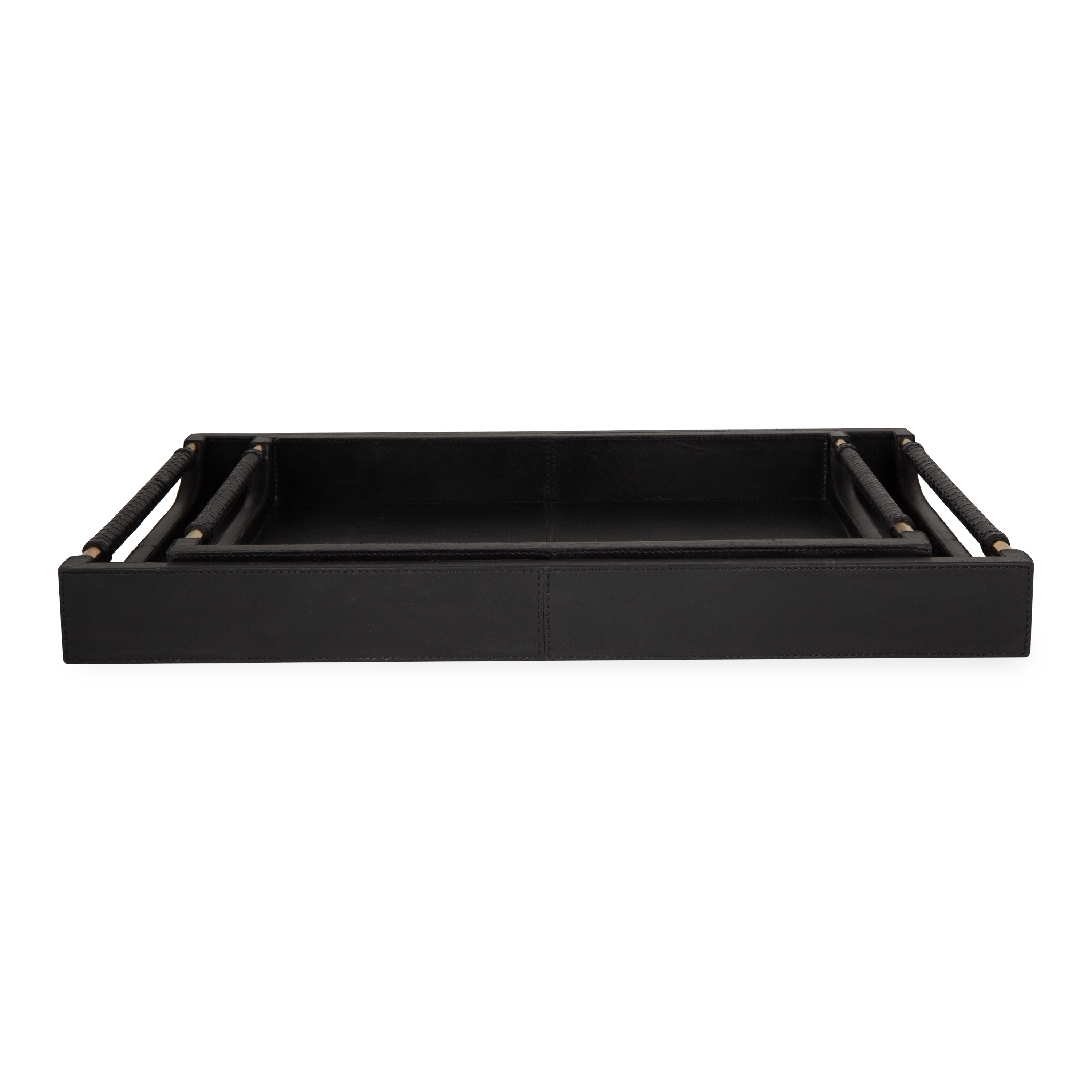 The Lenora Leather Trays features full-grain leather with brass hardware and woven handles.