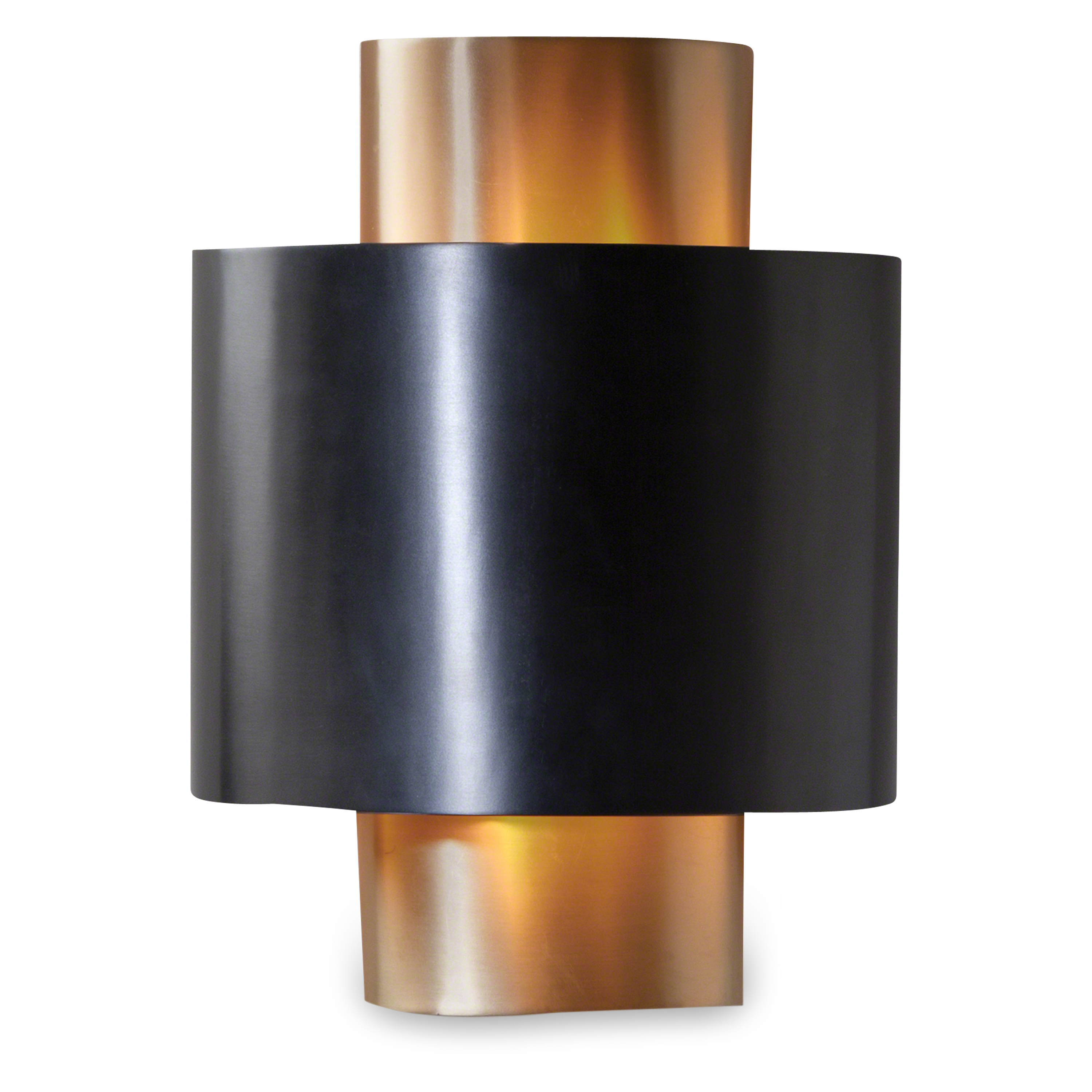 Sophisticated wall sconce featuring a gold column and overlapping black metal shade.