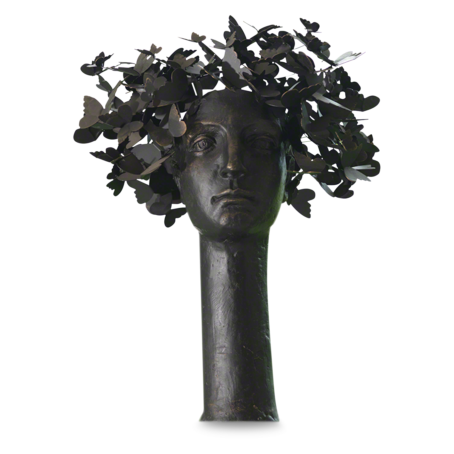 With a iconic and unique design%2C this scupture features hundreds of hand applied iron butterflies on a femine scupture portrait that sits atop an iron bust.
