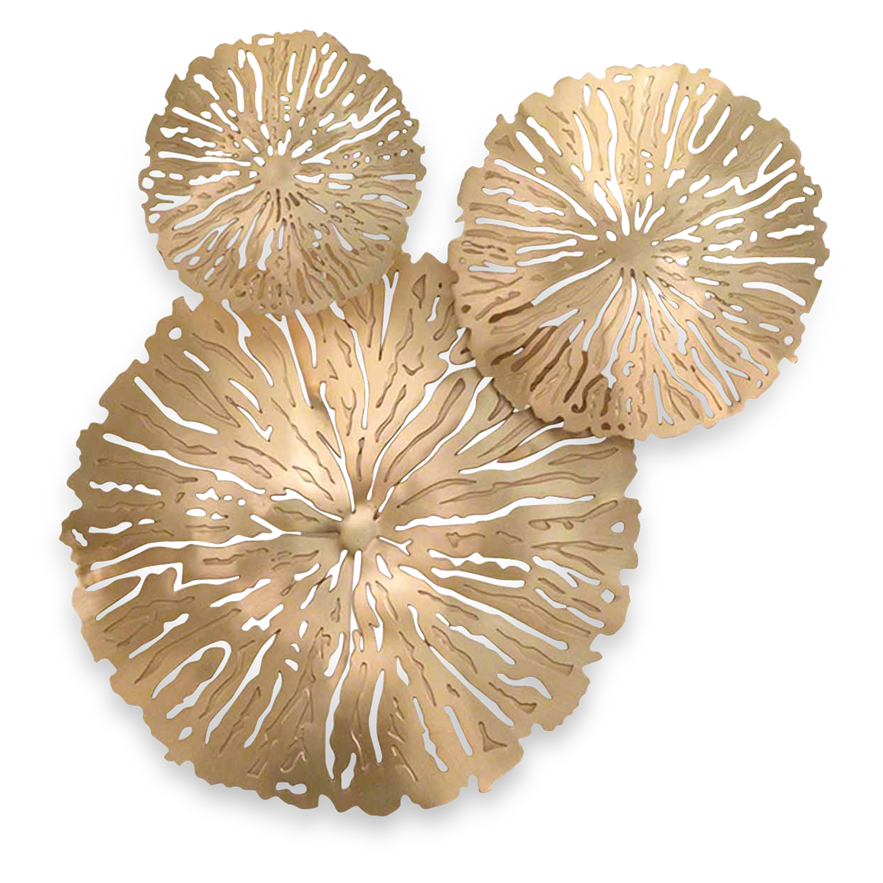 A set of three highly detailed antique brass-finished lily pads that add a sparkling touch to any space.