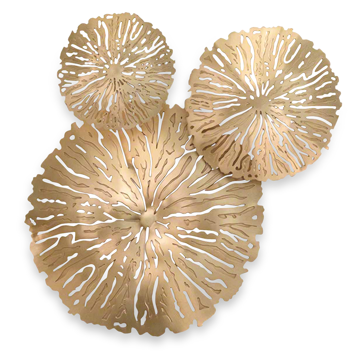 A set of three highly detailed antique brass-finished lily pads that add a sparkling touch to any space.