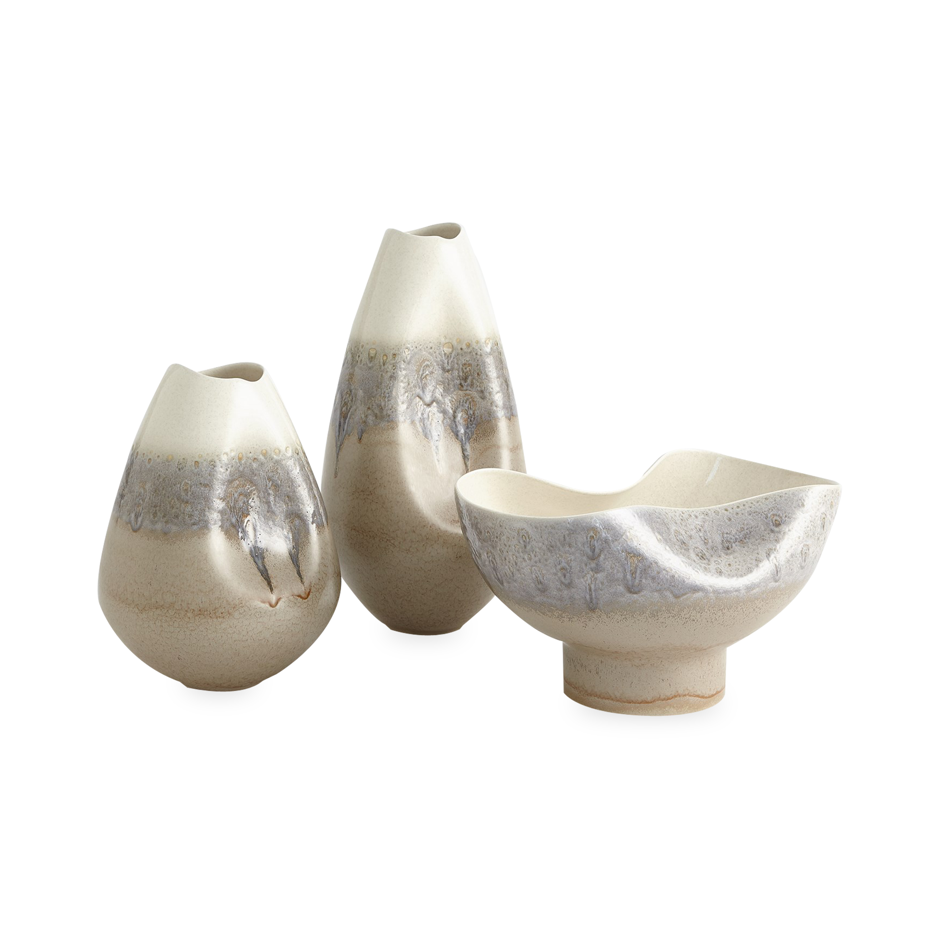 This Opaline Bowl is made of Portuguese slip-cast ceramic and has a concaved design with ivory and grey reactive glaze finishes.