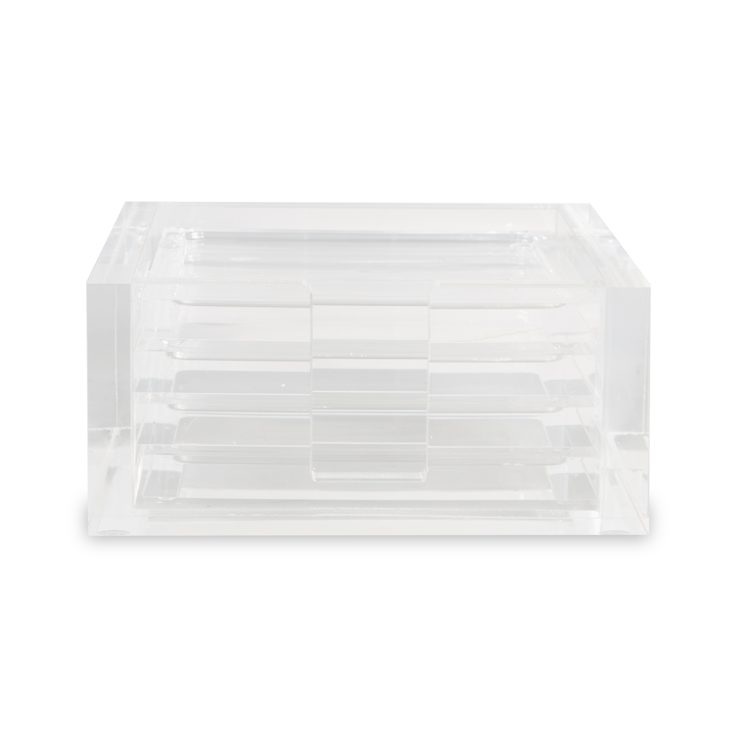 These acrylic coasters in a clear finish offer a sleek way to protect your tabletops and keep your drinks in place.