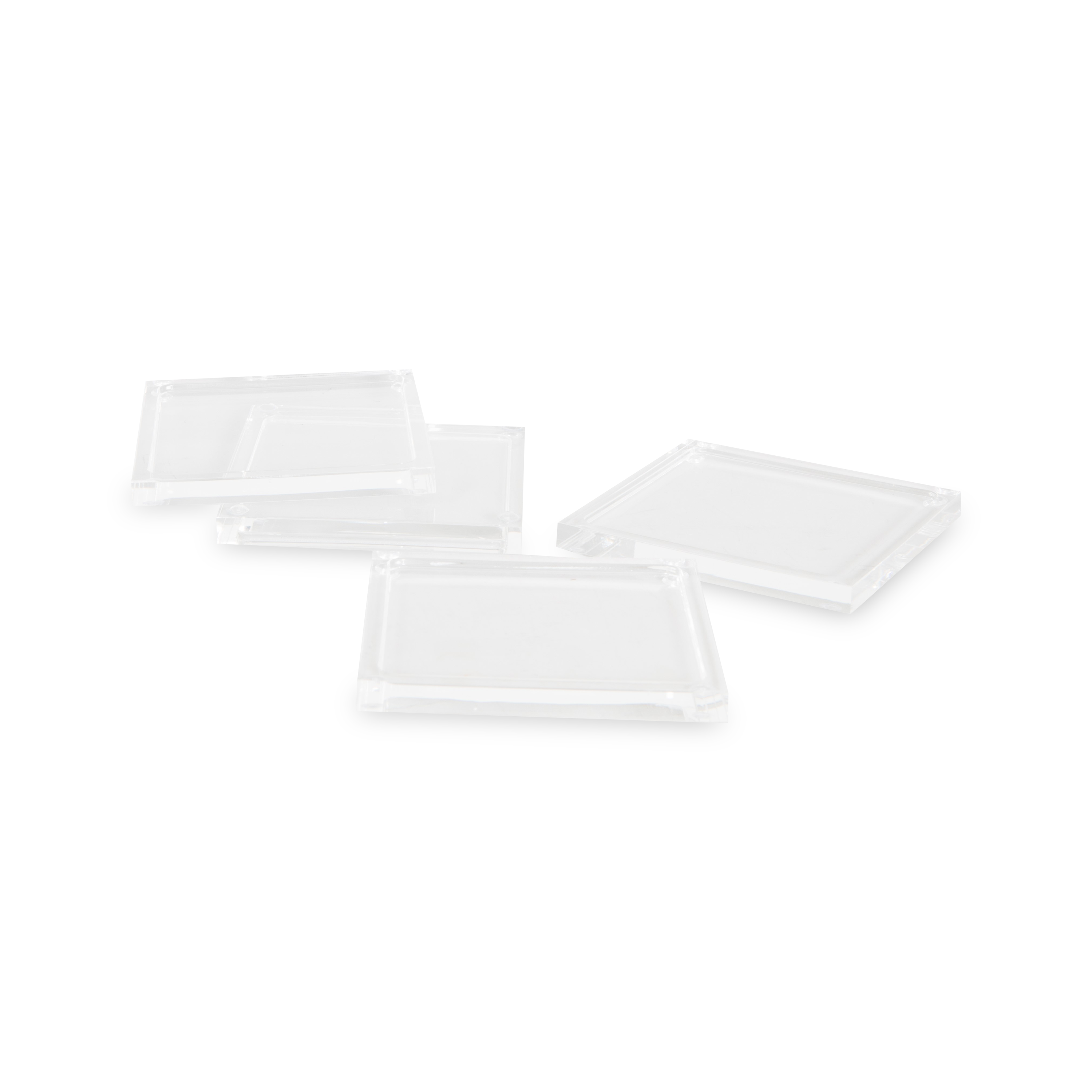 These acrylic coasters in a clear finish offer a sleek way to protect your tabletops and keep your drinks in place.