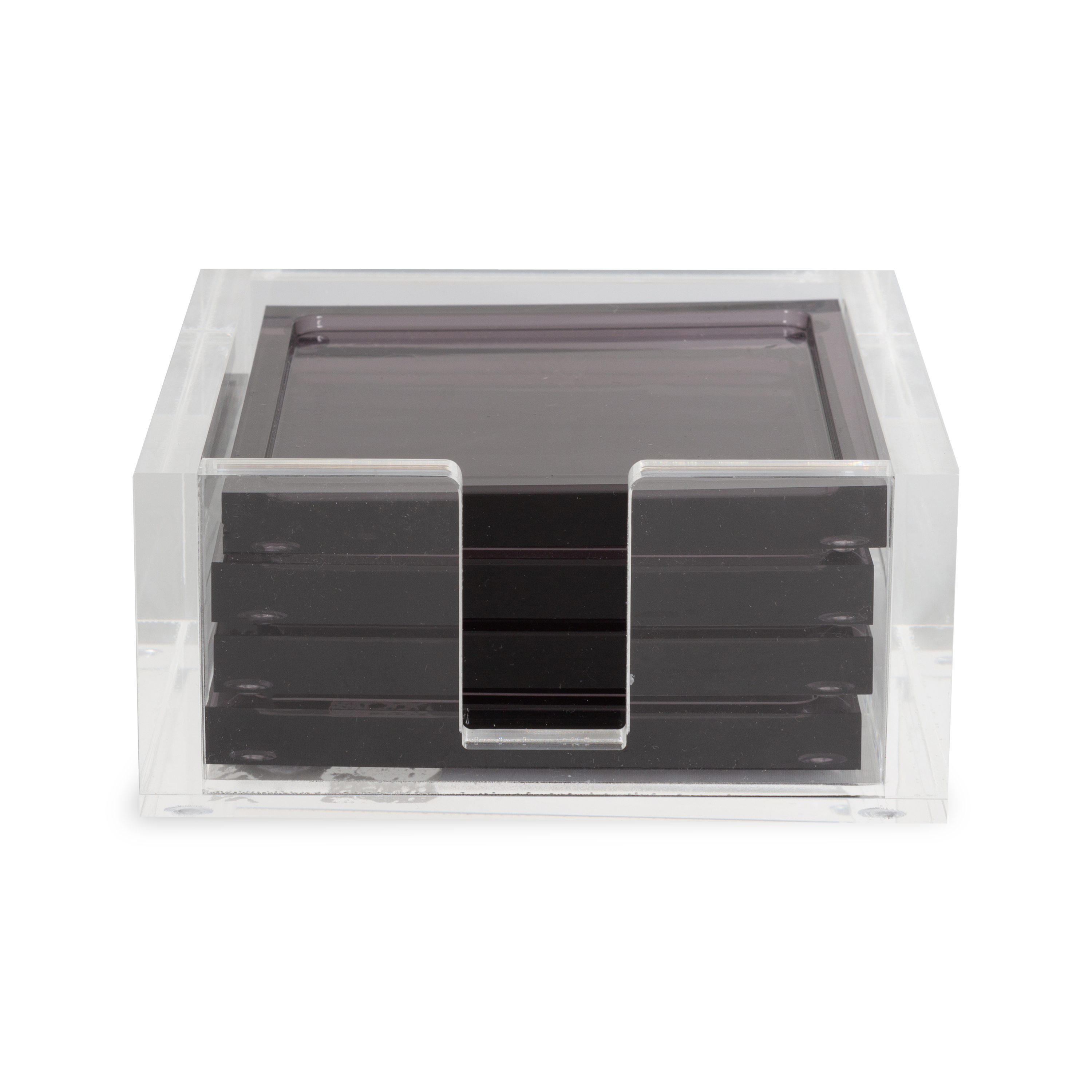 These acrylic coasters in a black finish offer a sleek way to protect your tabletops and keep your drinks in place.