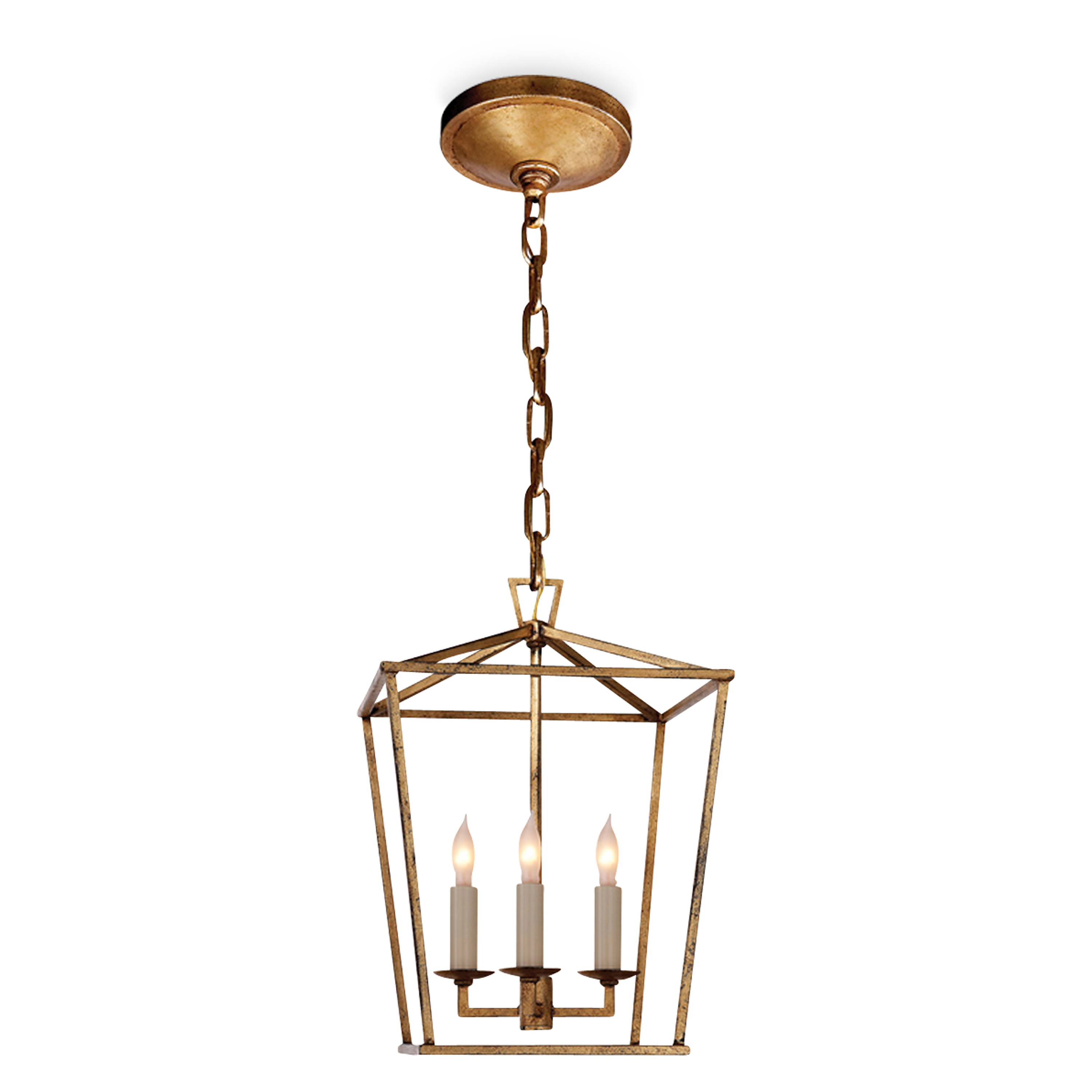 A modern lantern pendant featuring an open metalwork frame in a gilded iron finish.