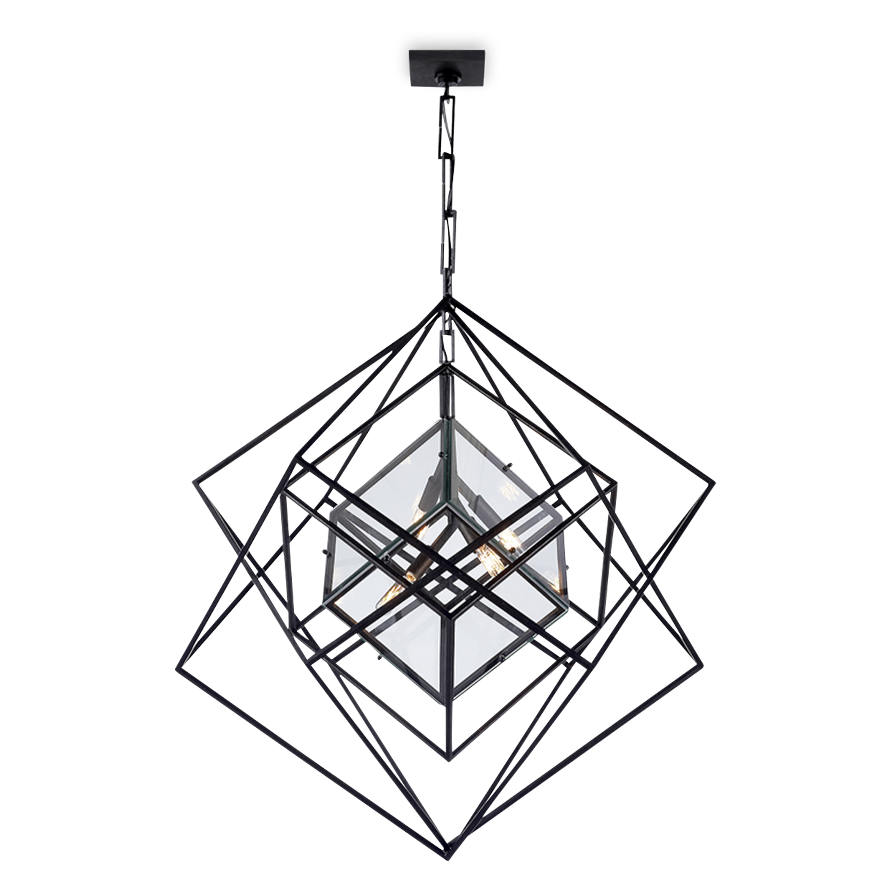 A dynamic ceiling light made of black aged iron, featuring an intricate network of geometric forms inspired by Cubist art.