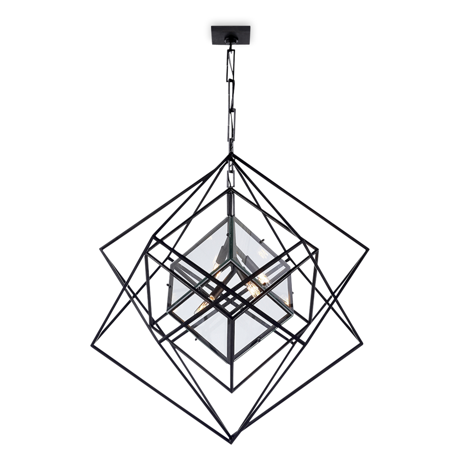 A dynamic ceiling light made of black aged iron%2C featuring an intricate network of geometric forms inspired by Cubist art.