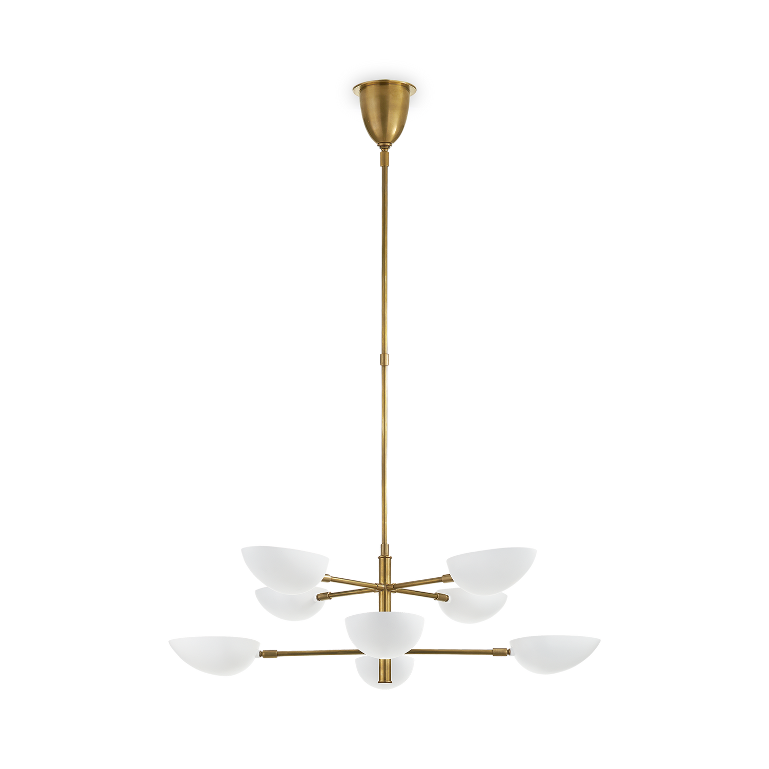 Two tiers of matte white shades project from a hand-rubbed antique brass frame%2C forming this modern elegant chandelier.