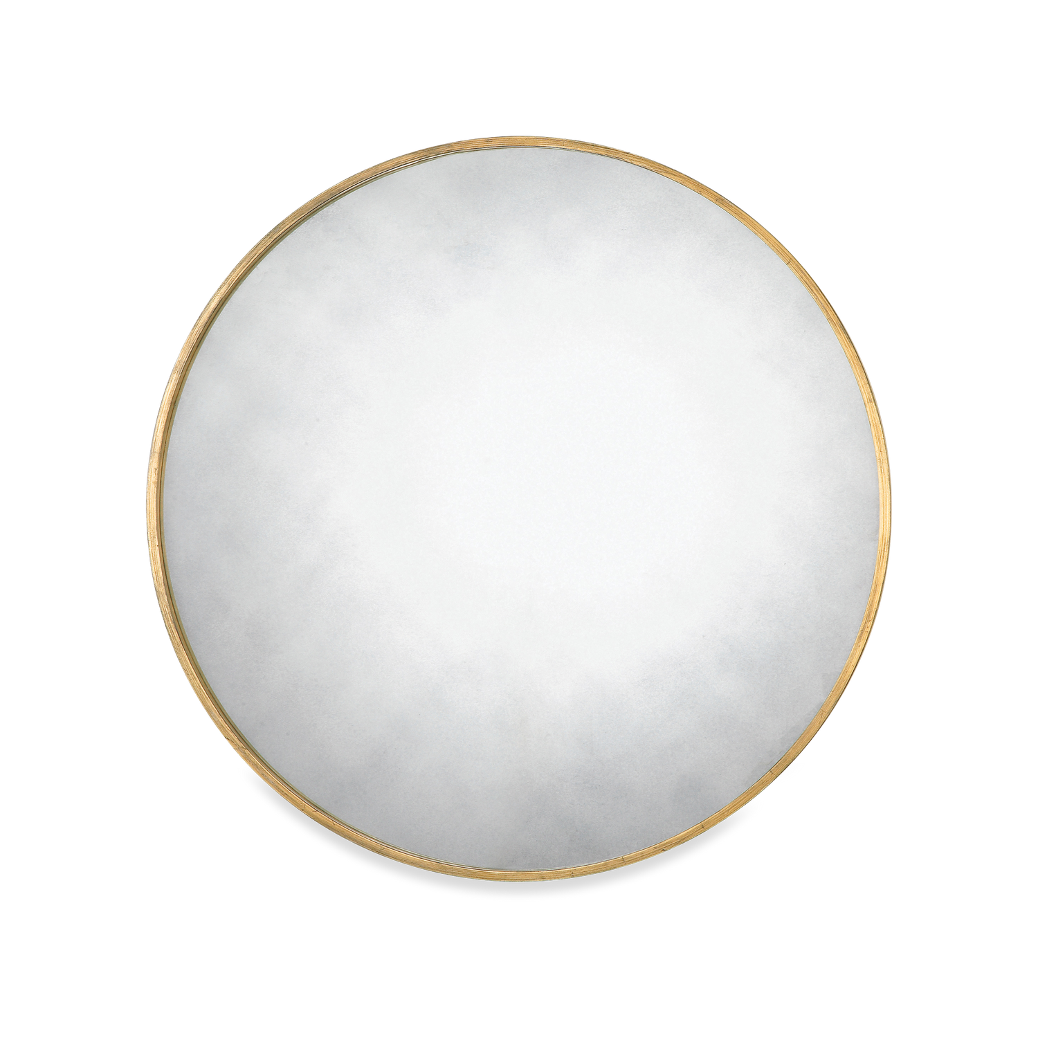The Antiqued Round Wall Mirror features a narrow and sophisticated circular metal frame with a heavily antiqued gold leaf finish surrounds the antique style mirror.