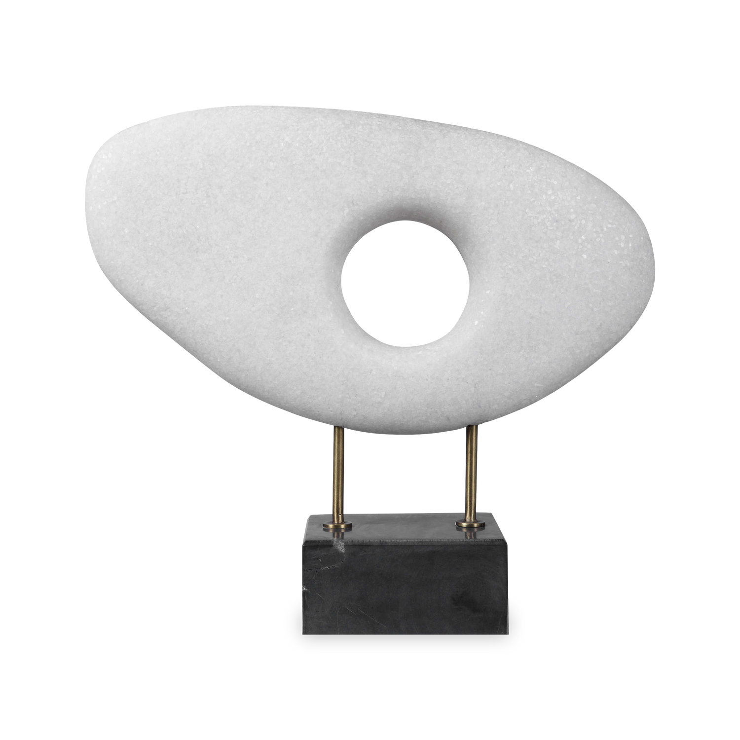 The monolithium shape executed in granulated marble that accurately replicates the look of Thassos marble with a honed black marble base and brass pegs is bound to become a highly 