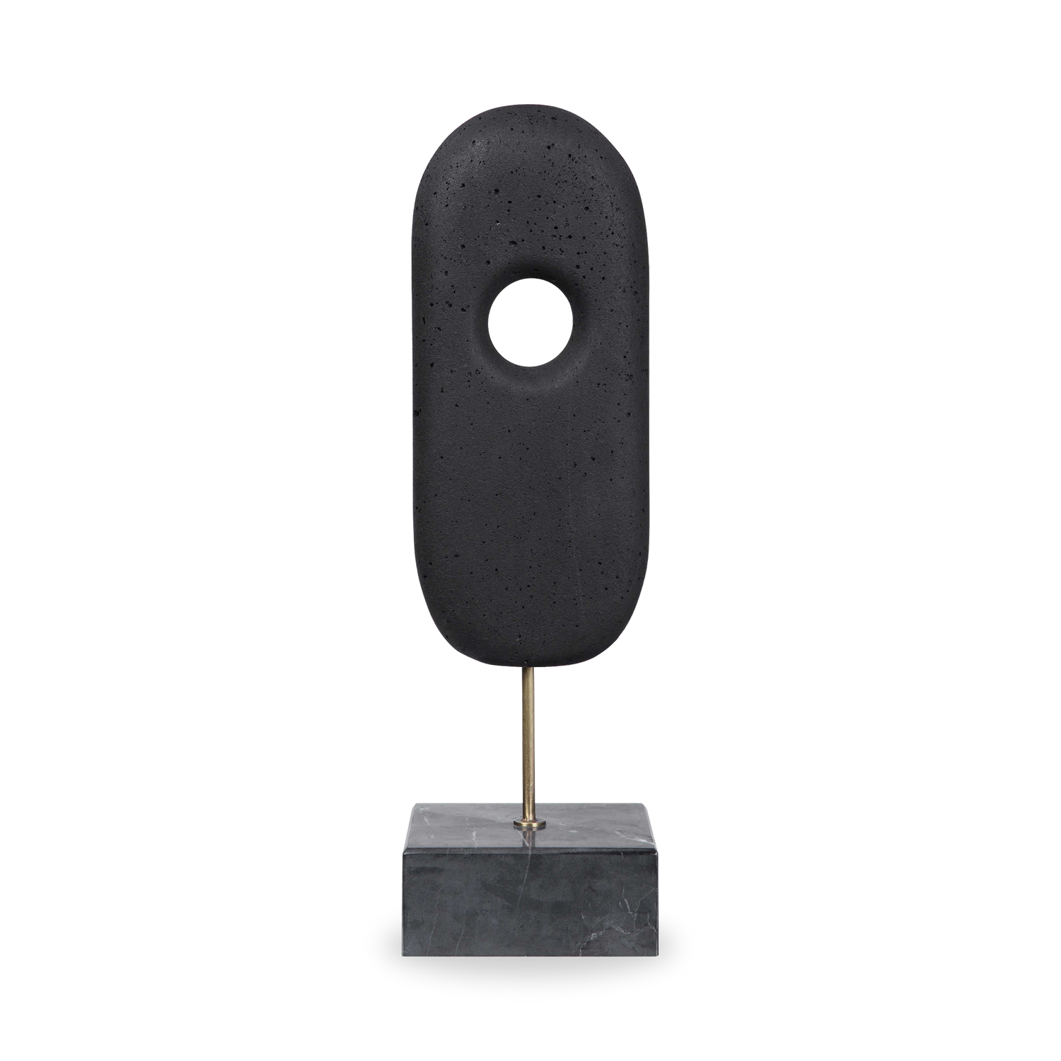 The monolithium shape is executed in ground black marble and polymers with a honed black marble base and brass pegs.