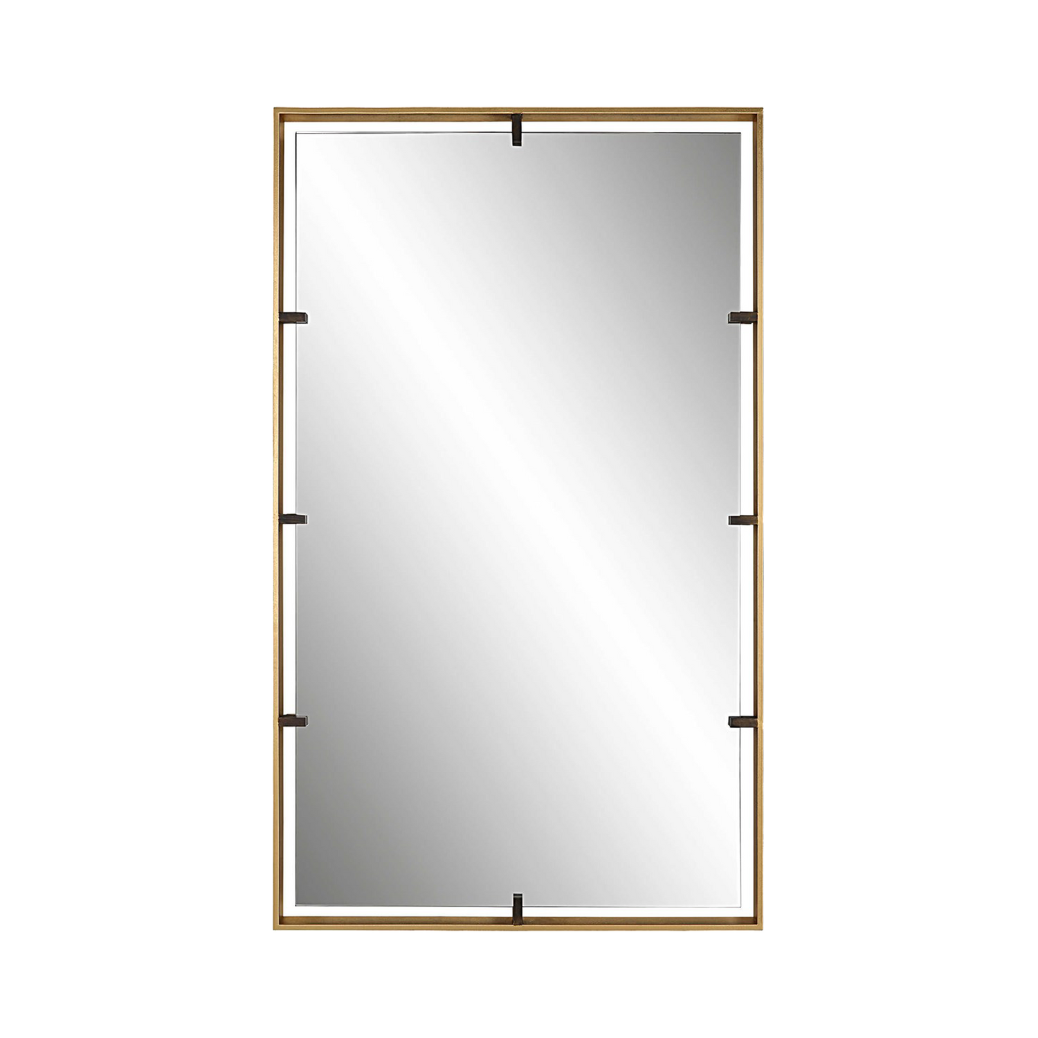 This mirror displays a 3-dimensional design with an outer iron frame finished in warm gold%2C surrounding a floating mirror held by aged bronze clips.