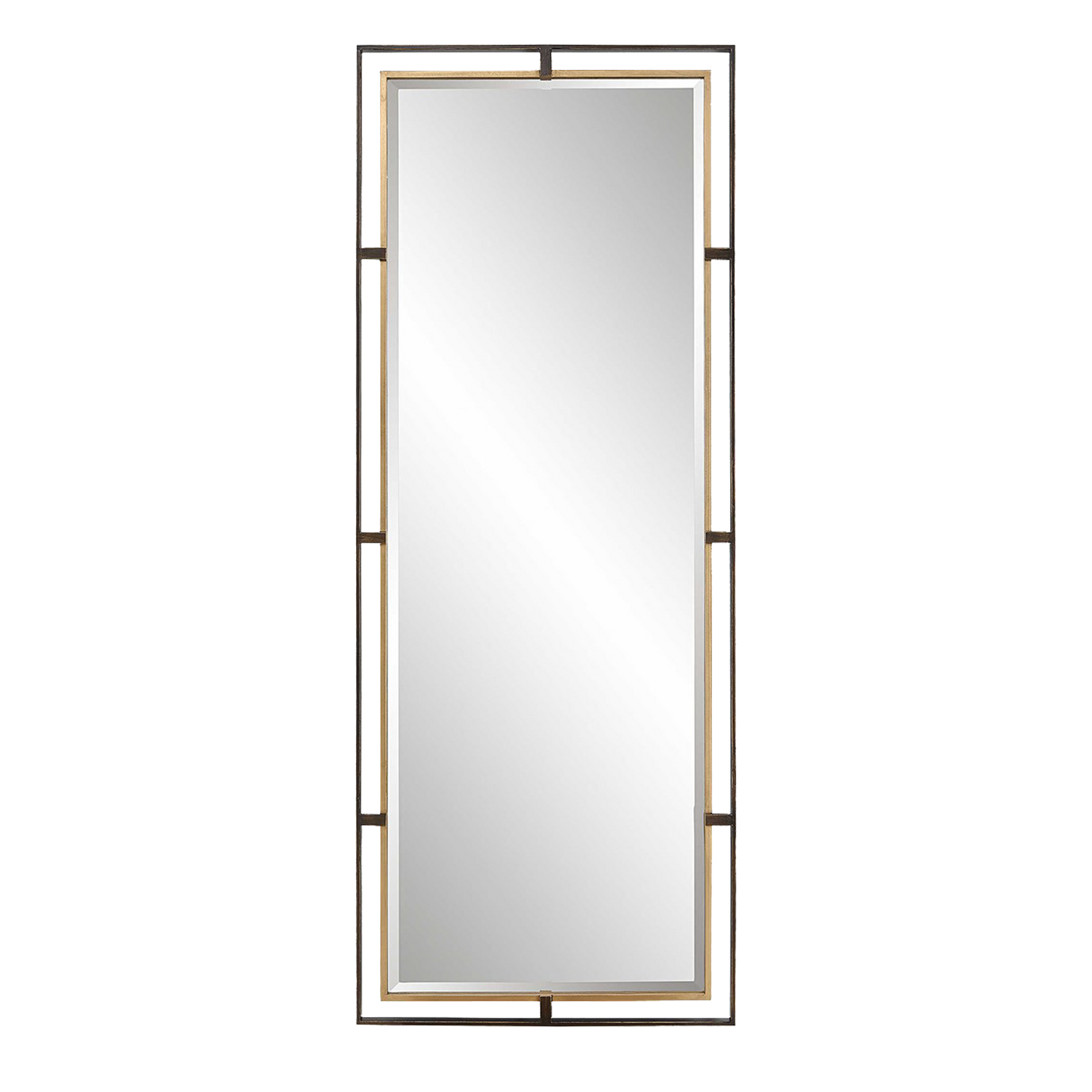This iron frame features a 3-dimensional design with an outer frame finished in distressed rustic bronze%2C accented by a lightly antiqued gold leaf inner-frame.