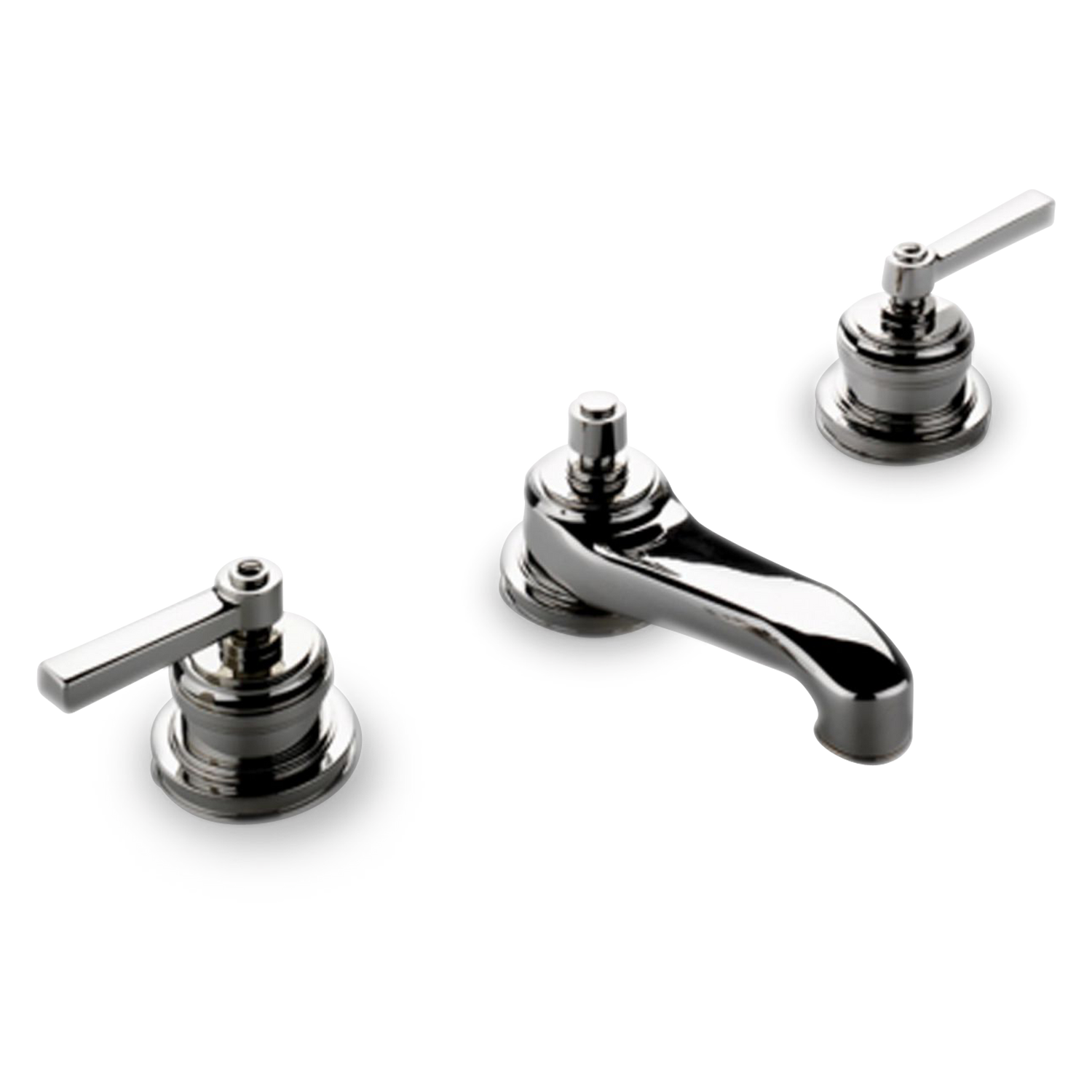 A transitional widespread faucet with lever handles.